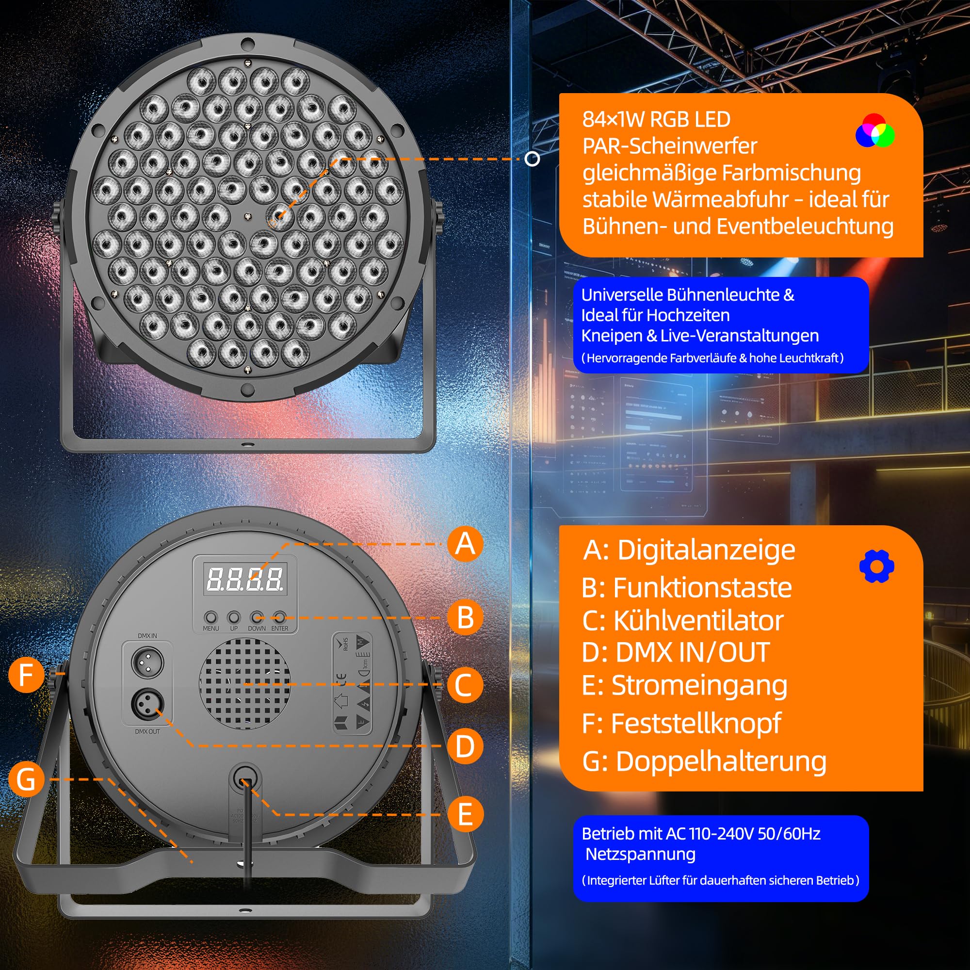 Confezione da 2 fari LED PAR (84 × 1 W RGB 3 in 1 LED, DMX512, Sound-to-Light) – 0-100% dimmerabile, angolo di diffusione 25°, illuminazione per palcoscenico per DJ, matrimoni, feste, chiesa