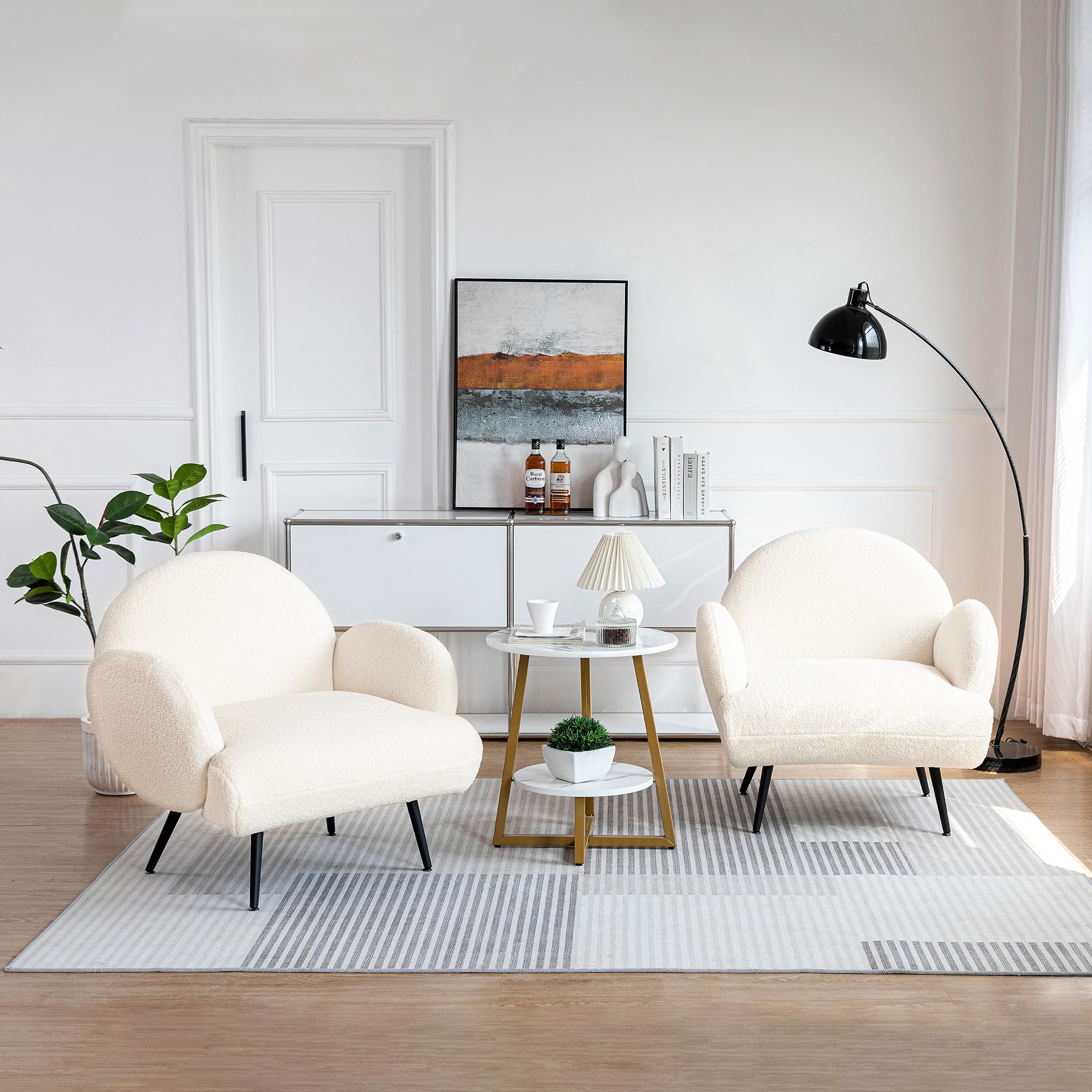 Sillón Moderno, sillón tapizado con Patas de Metal Negro para salón, Dormitorio, balcón, Estudio, Blanco