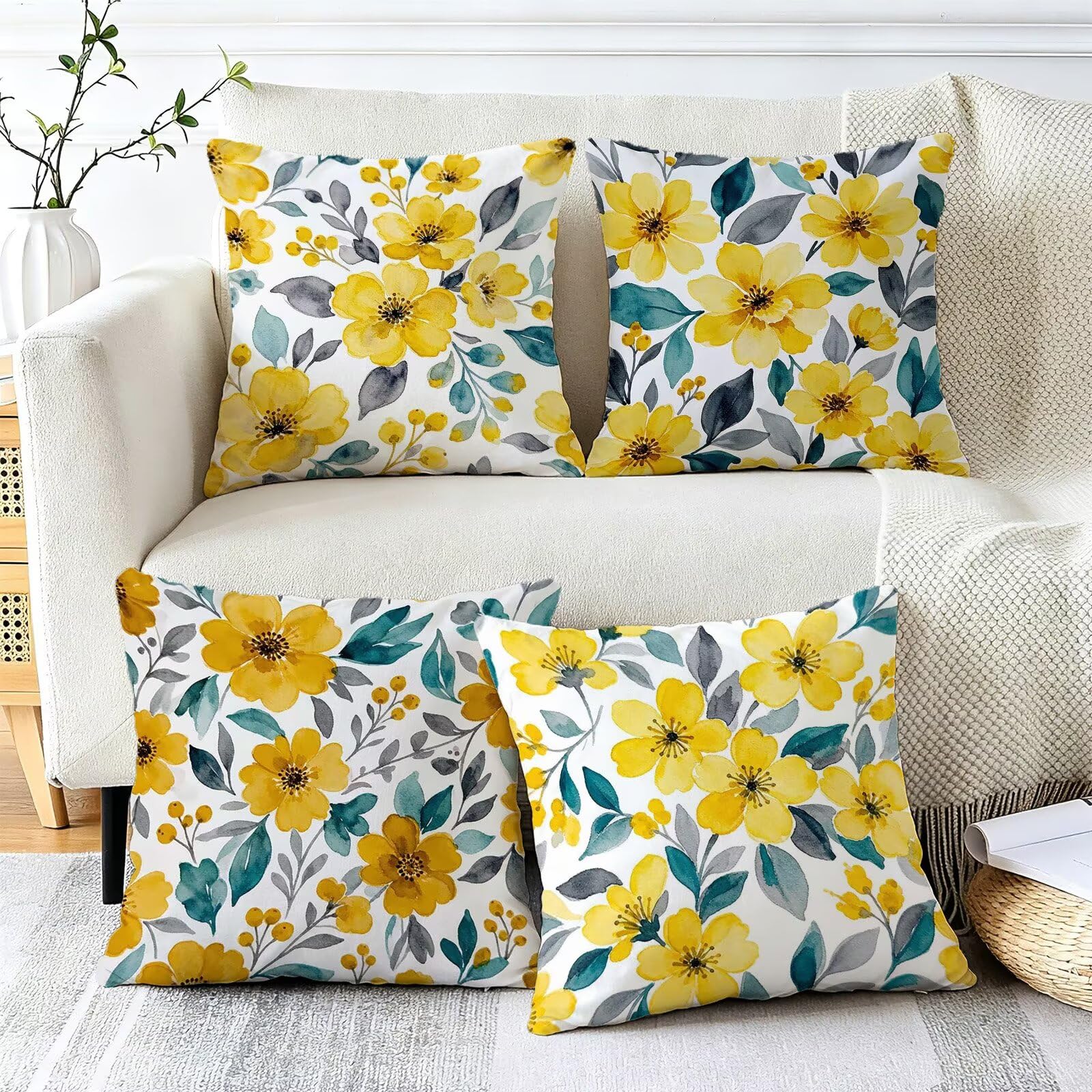 Giallo Federe Cuscini Divano 50x50cm, Cuscini da Esterno Set de 4, Cod-168 | Lin Copricuscini Decorativi Letto Arredo, per Letto, Soggiorno, Giardino, Esterno, Casa Decorazione Set di 4 Pianta