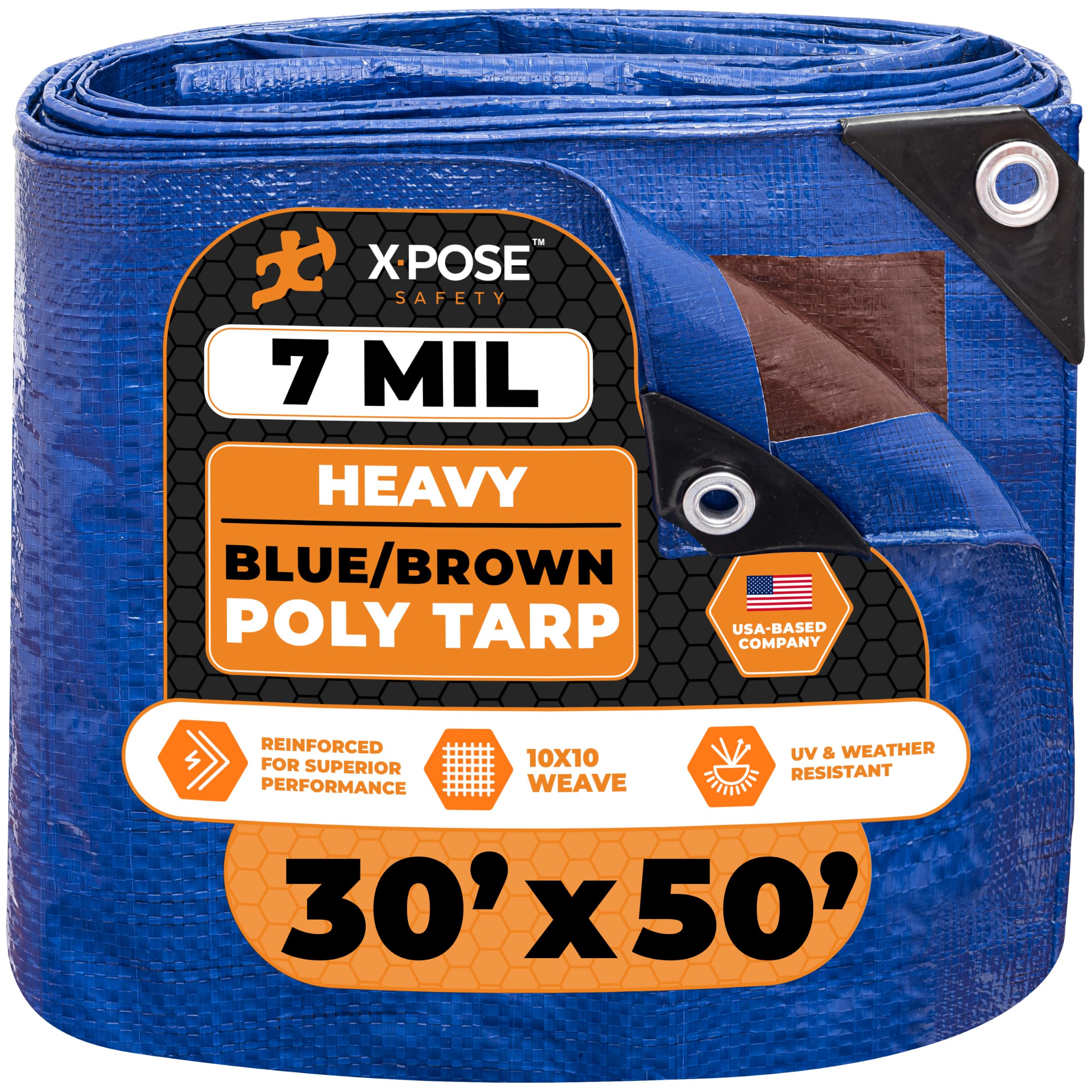 Xpose Safety 30’ x 50’ Heavy Blue/Brown Tarp - Waterproof - 7 Mil Weatherproof Camping Tarp for Tent, Rain, Wind &amp; Sun - Plastic Tarpaulin Cover Outdoor for Roof, Trailer, RV, Car, Boat