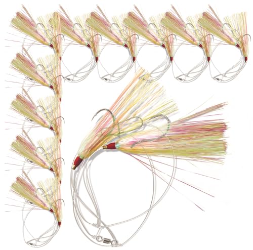 Uncle Mos Tackle - 10 Pack Fluke Flounder Hey Now Killer Hi-Lo Rig Charteuse Mylar Teaser for Saltwater BKK Black Size 3/0 Octopus Hook - 30lb Heavy Duty Mono 2ft Long -Black Duo-Lock Snaps