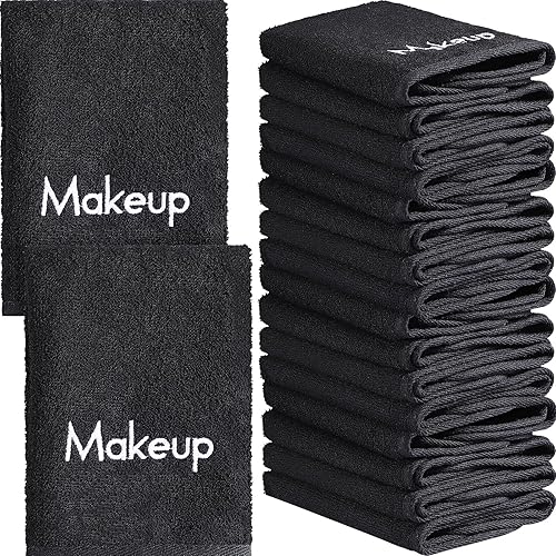 18 toallas removedoras de maquillaje de 13 x 13 pulgadas, paños de algodón para la cara con bordado de maquillaje, negro, reutilizable, paño
