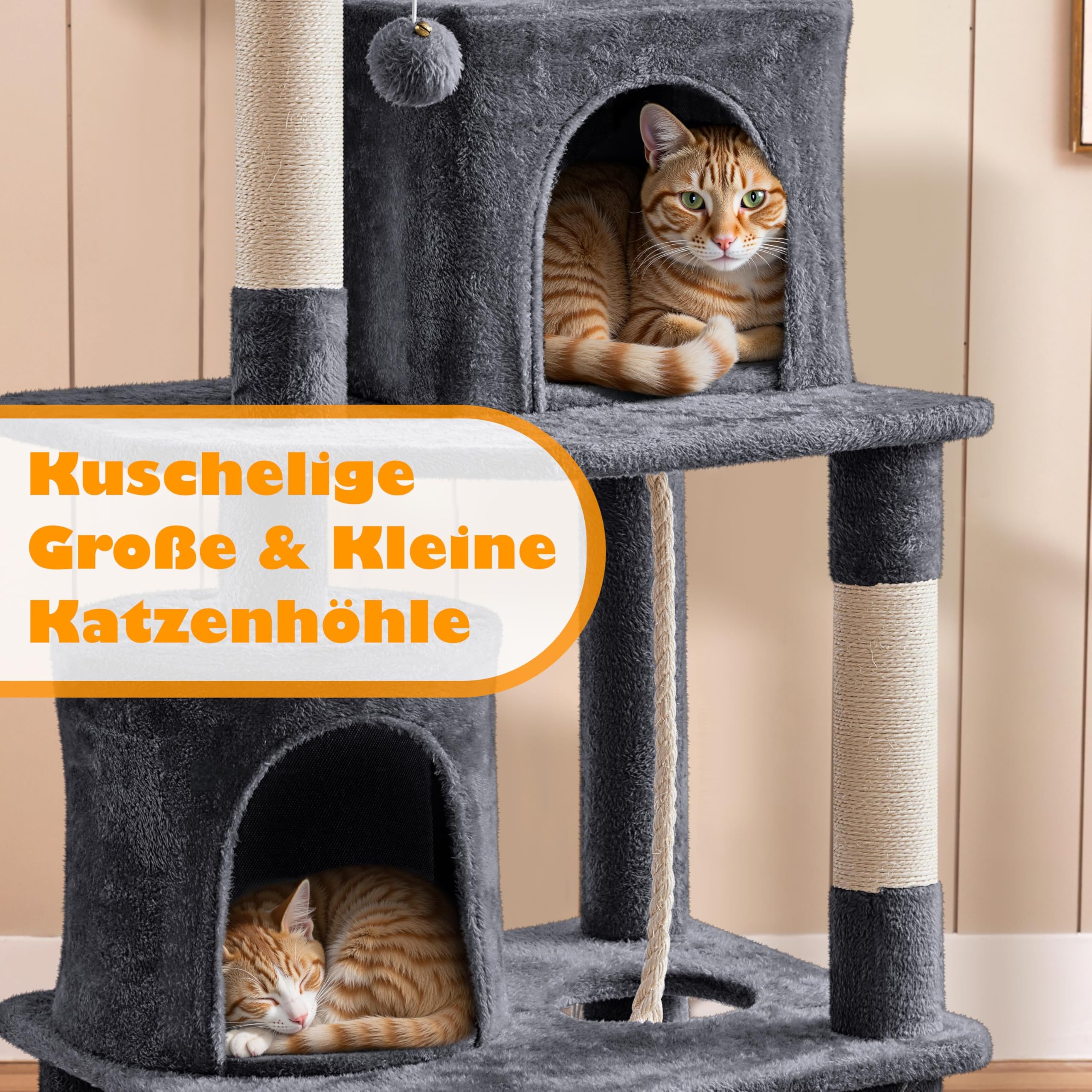 Yaheetech 179 cm Kratzbaum Katzenbaum mit Hängematte & Spielseil dunkelgrau | FSC-zertifizierte Spanplatten | Mehrstöckiger Kratzbaum für große Katzen | mit Kippsicherung | mit 5 Kratzsäulen & 2 Höhlen
