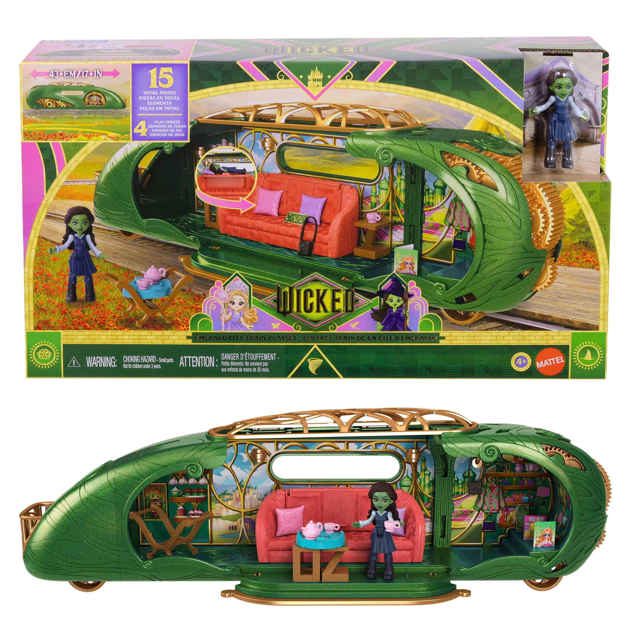 Mattel Universal Pictures Wicked Tren a Ciudad Esmeralda, Conjunto de Juego con muñeca pequeña de Elphaba, 3 Espacios de Juego y 14 Accesorios inspirados en la película, JKM07 | Elphaba muñeca pequeña, 3 zonas de juego y 14 accesorios, inspirada en la pel
