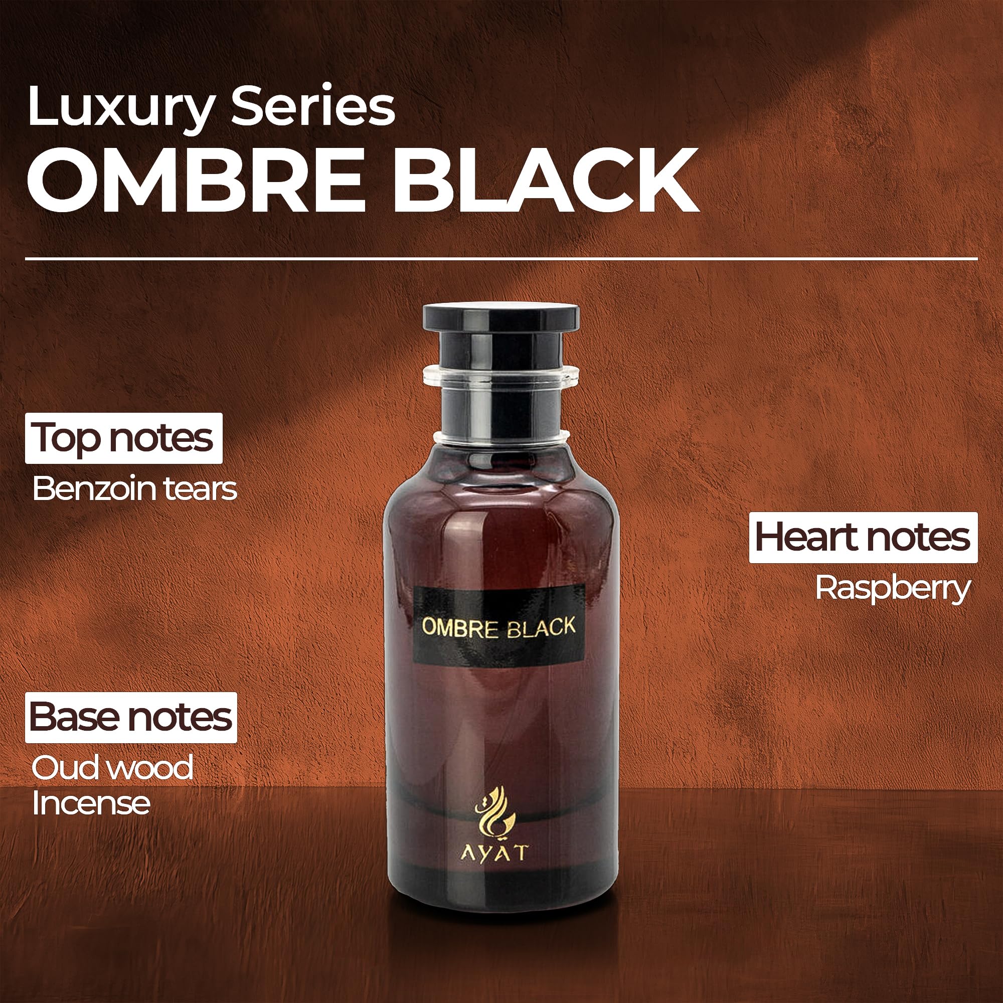 AYAT PERFUMES – Eau de Parfum OMBRE BLACK 100 ml aux Notes de Bois d'Oud, Encens & Framboise – Arabian Parfum Oriental de Dubaï pour Homme & Femme – Cadeau Parfait – Flacon Élégant Conçu aux Émirats