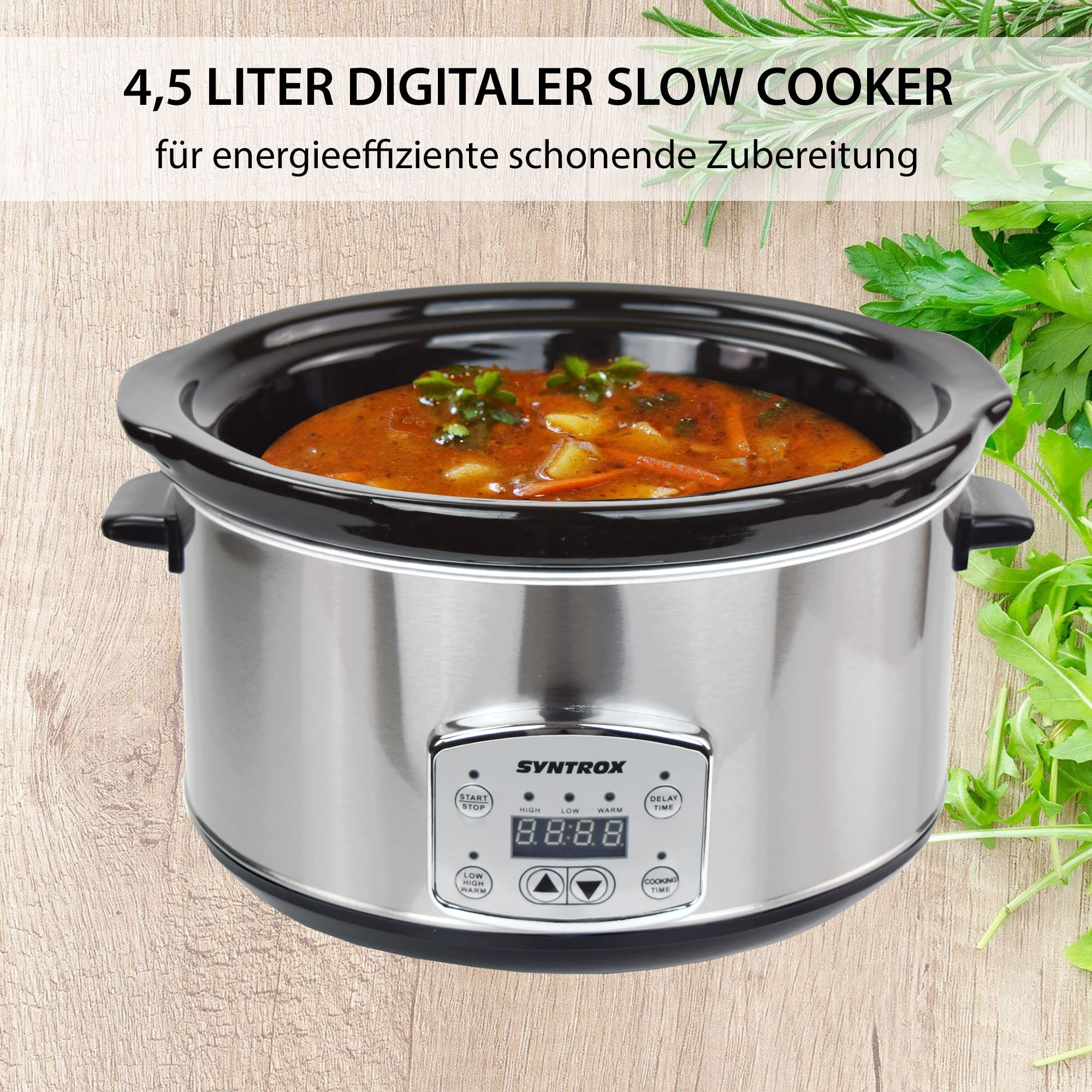 Syntrox Germany Schongarer mit 4,5L Slow Cooker mit 3 Heizstufen und Warmhaltefunktion und 200 Watt