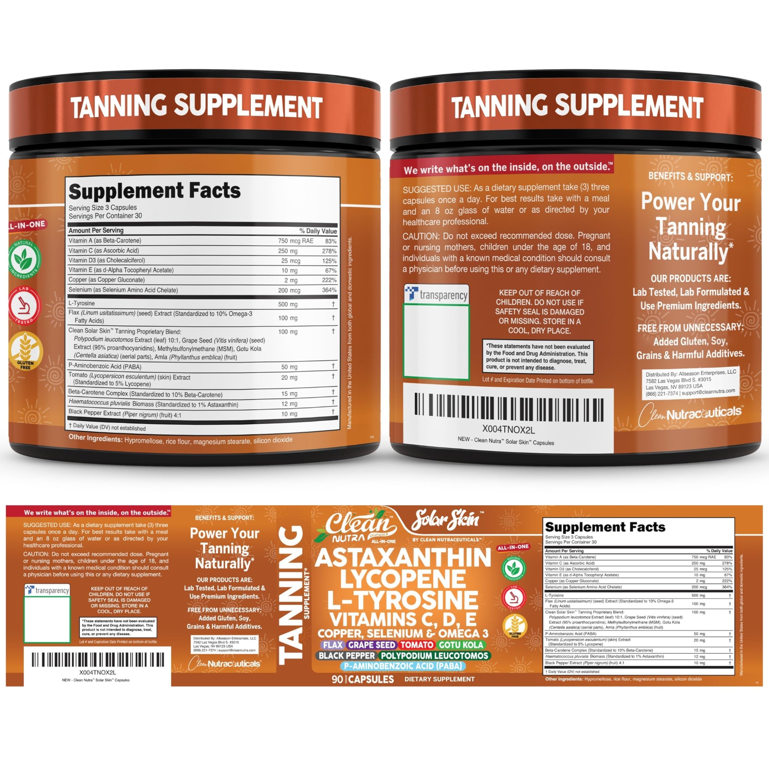 Solar Skin Astaxanthin Tanning Supplement Lycopene L-Tyrosine Vitamins A C D E, PABA Beta Carotene Selenium Grapeseed Extract Omega 3 Flax Seed Copper Capsules By Clean Nutra — Amazon image 9