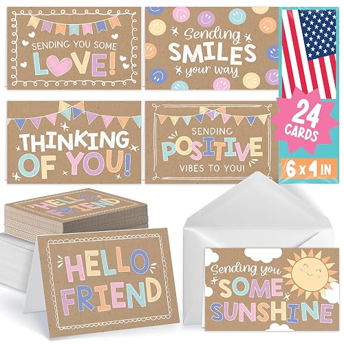 24 Thinking of You Cards with Envelopes Blank Encouragement Greeting Card | 6 x 4 Kraft Colorful Greeting Cards Thinking of You Card Bulk for Men and Women, Just Because Cheerful Encouraging Notecards