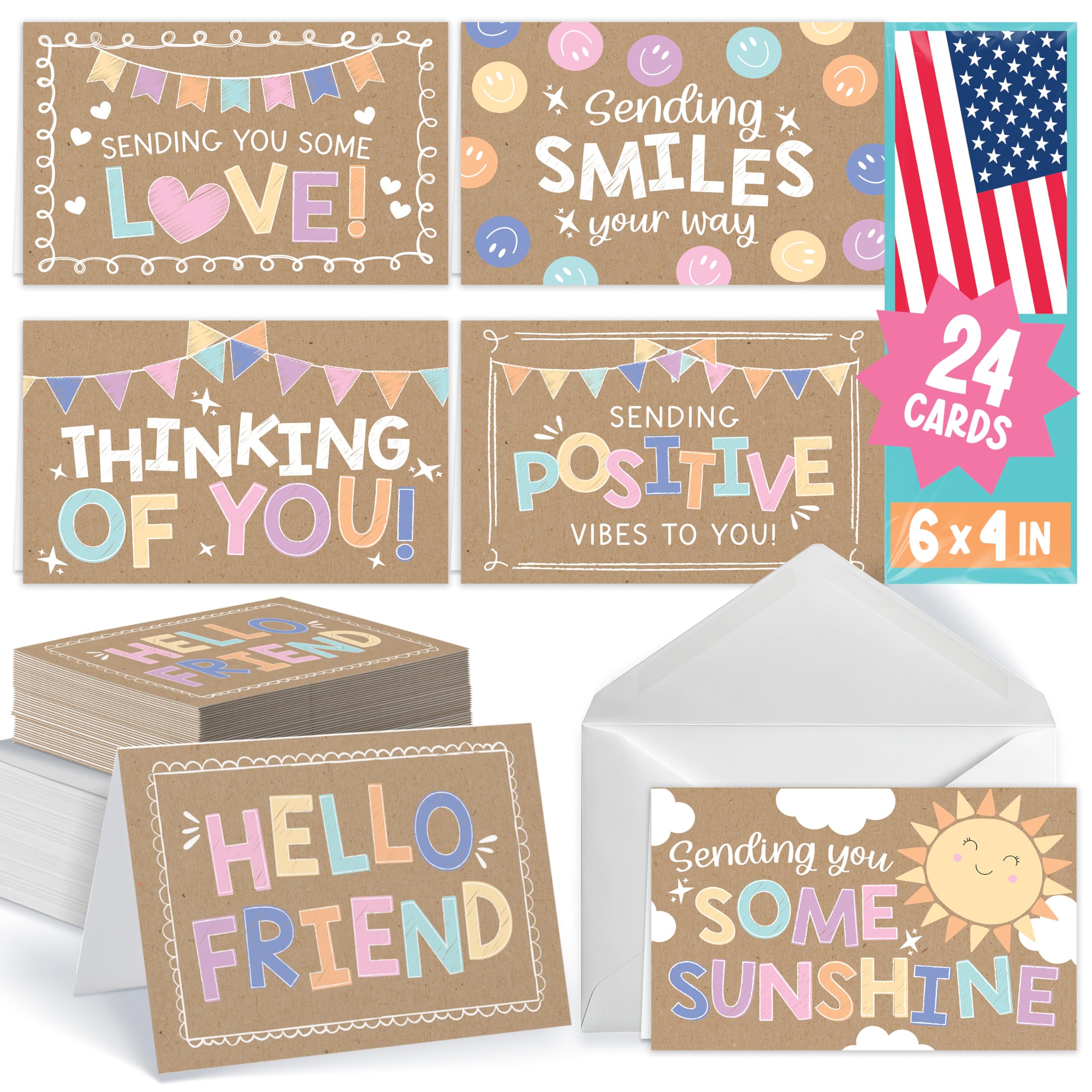 Hadley Designs Thinking of You Cards with Envelopes - 24 Hello Greeting Cards Thinking of You Card for Men & Women Bulk, Blank Encouragement Card for