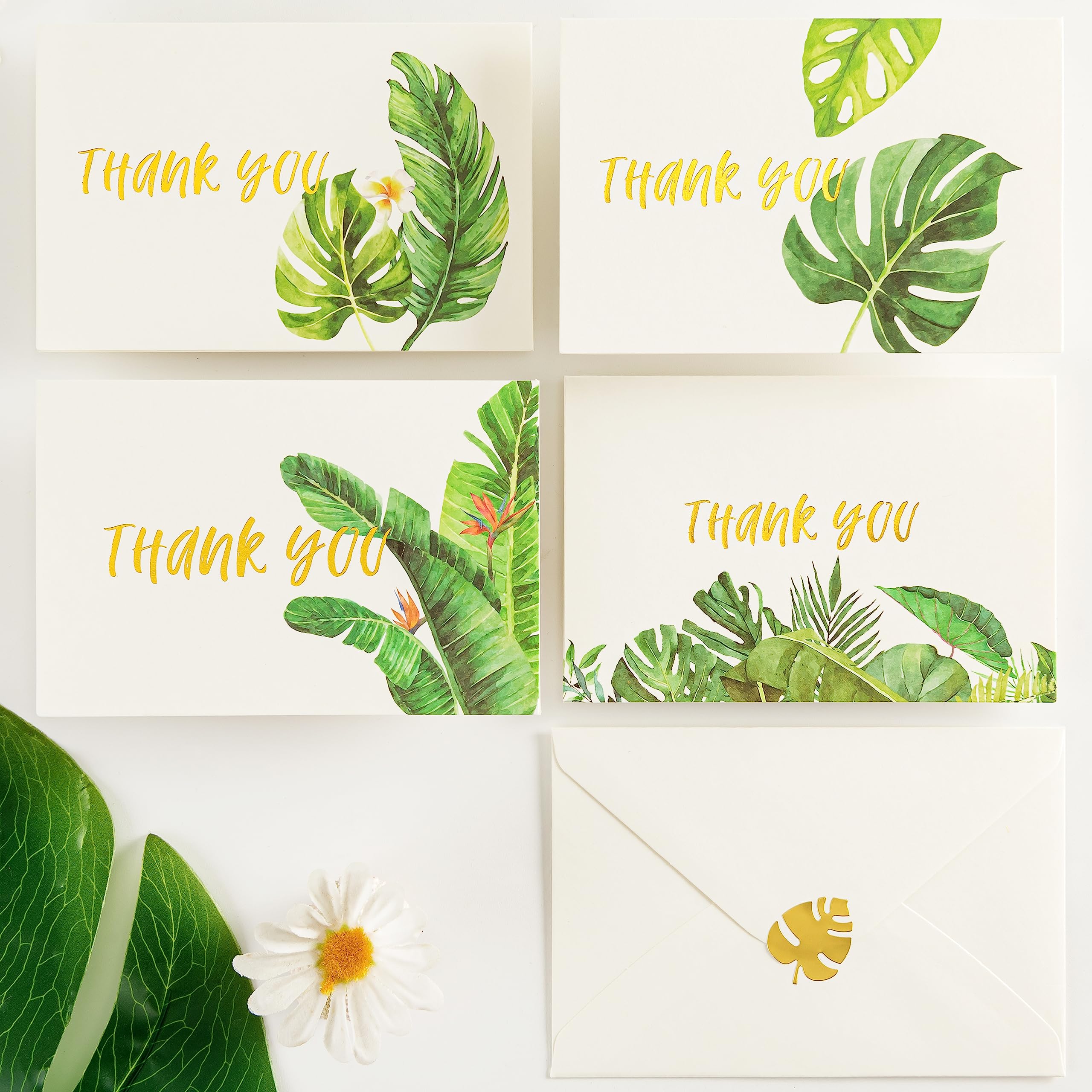 Crisky 4x6 Greenery 4 Assorted Thank You Cards with Envelopes (50 Pack) & Stickers Greeting Cards Bulk, tropical plants for Birthday, Baby Shower,