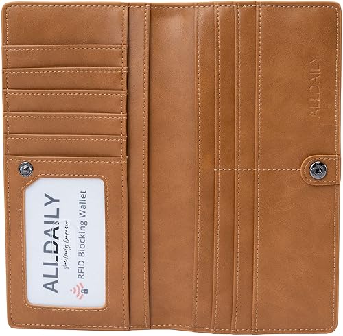 Alldaily Ultra delgado mujeres cartera RFID bloqueo tarjeta de crédito titular plegable largo señoras Billfold (marrón)