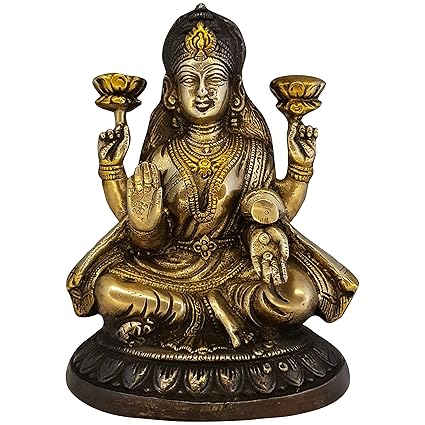 Divya Mantra Sri Laxmi Idol Home Puja Room Diwali Decor Pooja Mandir Decoration Items Living Room Showpiece Decorations Office Lakshmi Temple Murti Goddess Statue Brass Show Pieces - Brown
