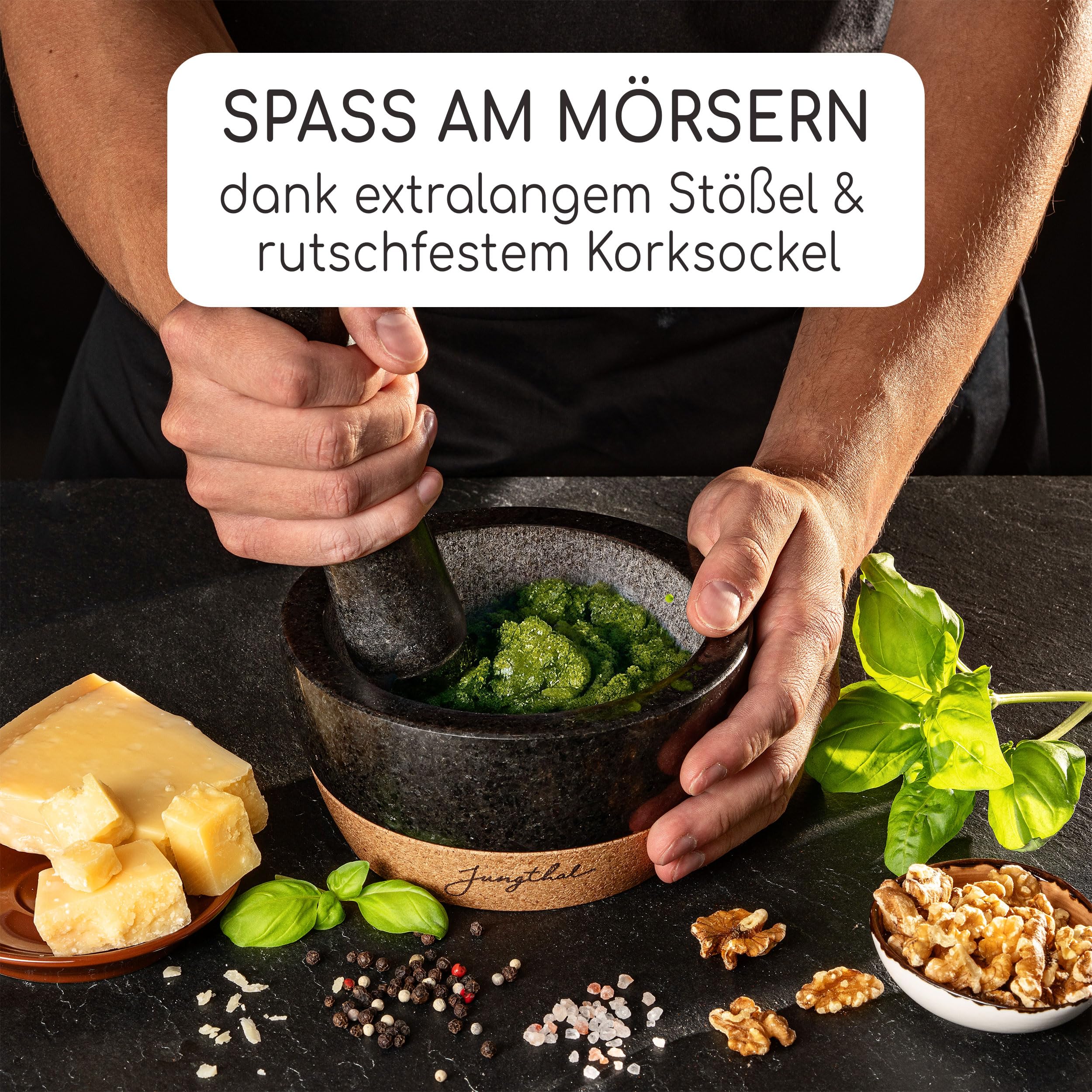 Mörser mit Stößel im Set | Granit + Kork in prämiertem Design | Natürlich, edel und 100% rutschfest | Ø 16 cm groß | Steinmörser für Kräuter und Gewürze | Mortar & Pestle