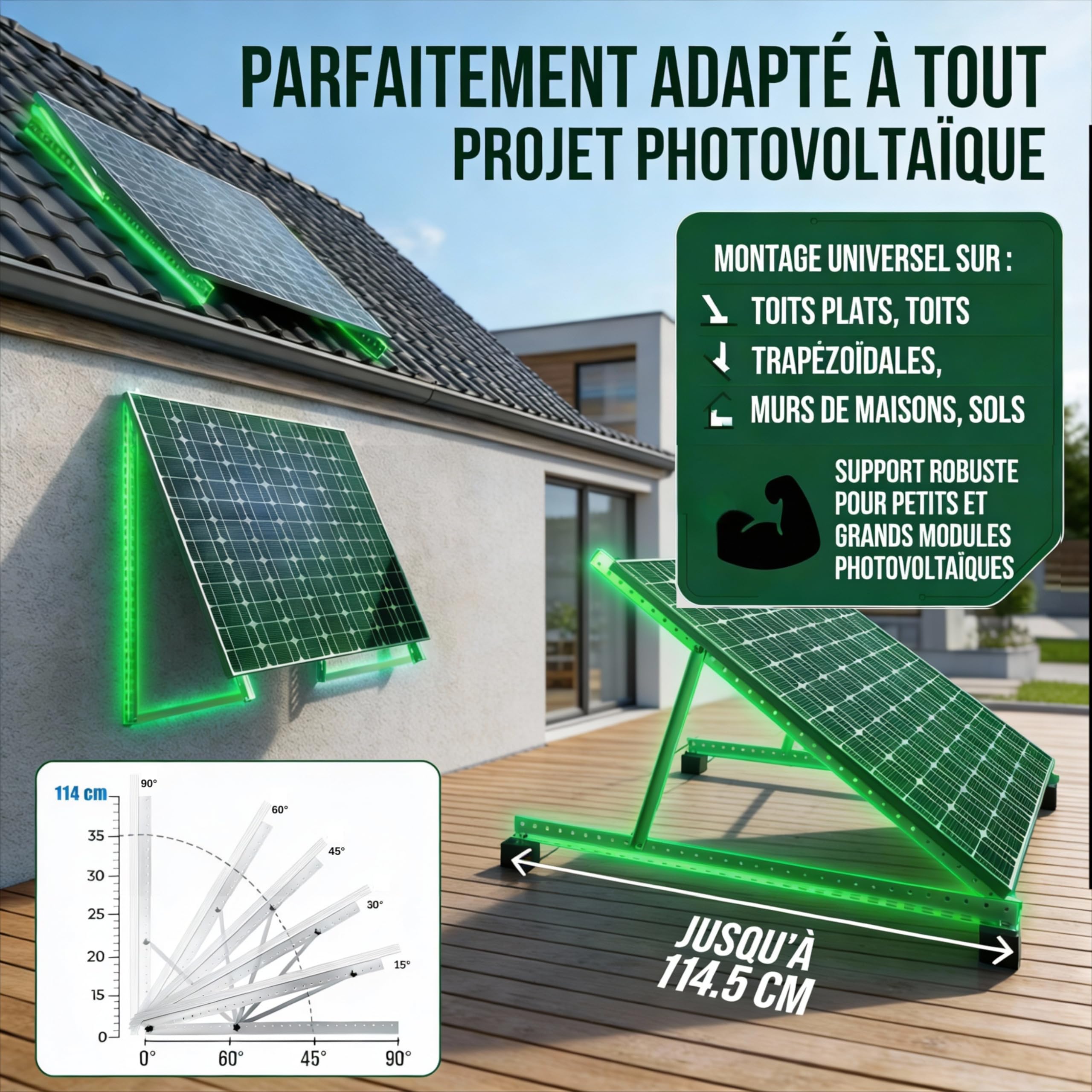 Lot de 4 supports de centrale de balcon - Support pour centrale électrique de balcon jusqu'à 114,5 cm - Réglable de 0 à 90 ° - Support de panneau solaire robuste certifié TÜV