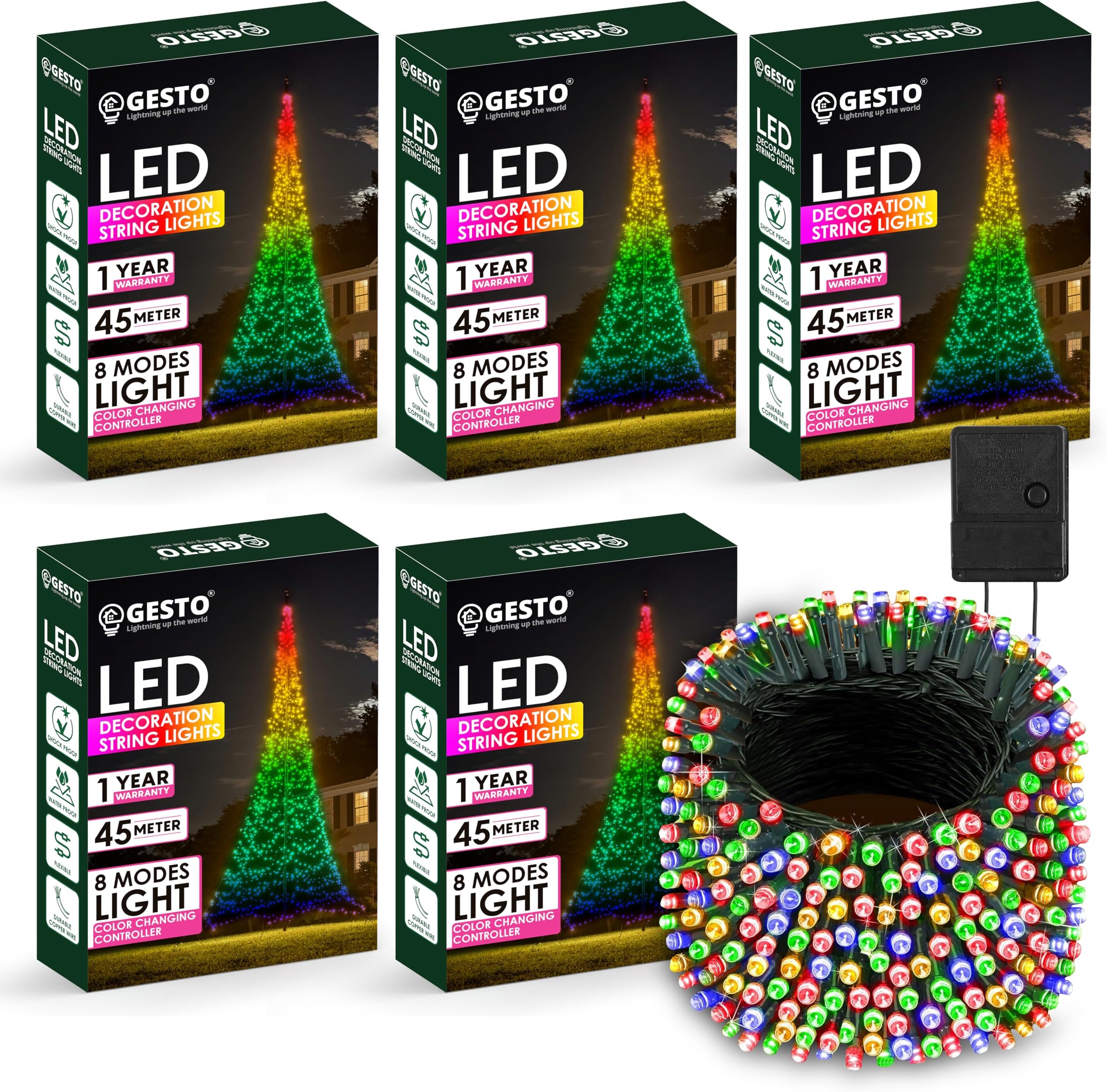 Gesto Multicolor Led Serial String Lights – 8 Modes Changing Controller, Waterproof Fairy Lights for Home, Christmas, Deepawali & Diwali Decoration Lights for Balcony Outdoor – (45 Meter | Pack of 5)