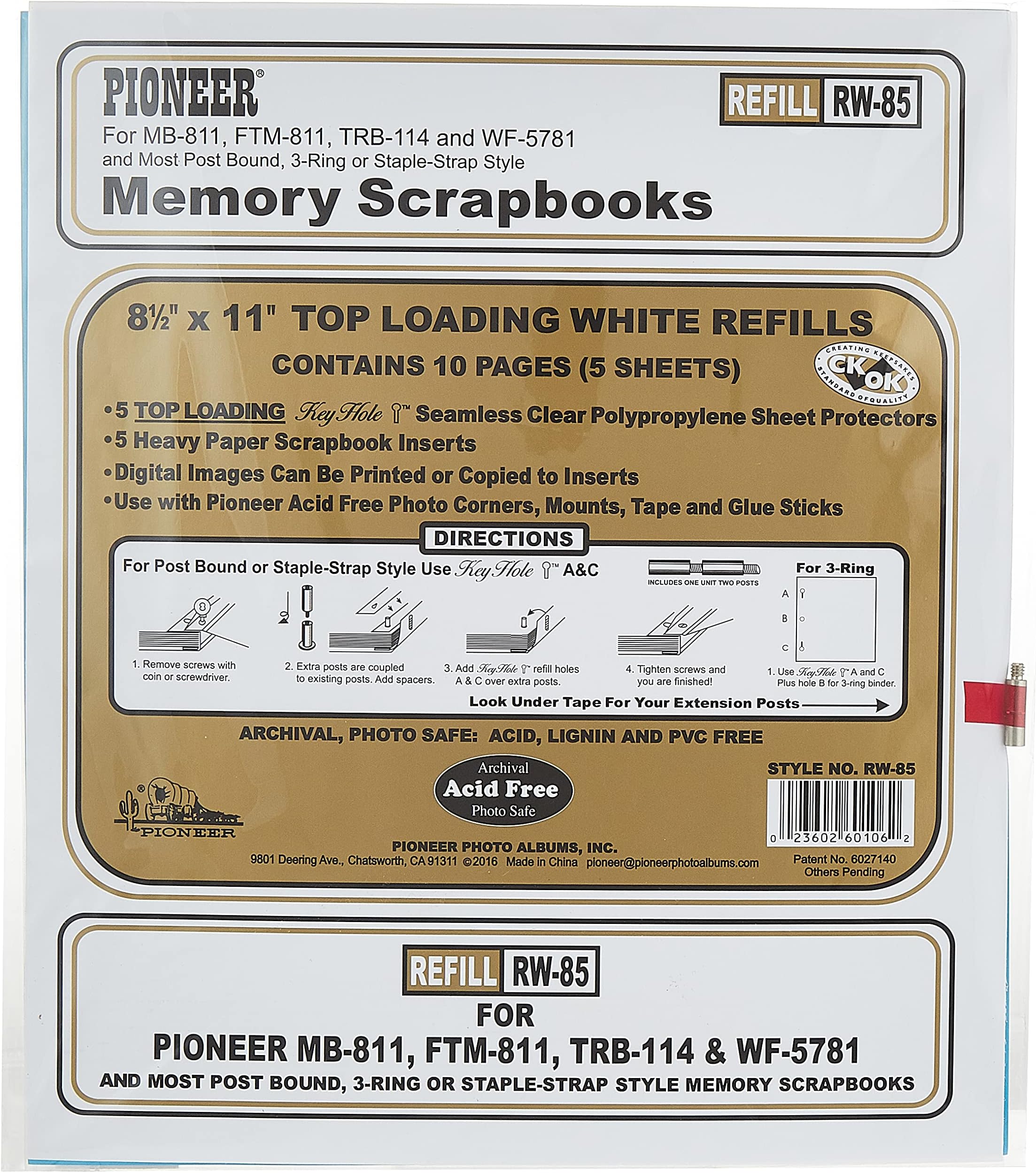 Pioneer RW85 Postbound Top Loading Page Protectors 5/Pkg, 8 1/2 inch by 11 inch with White Inserts
