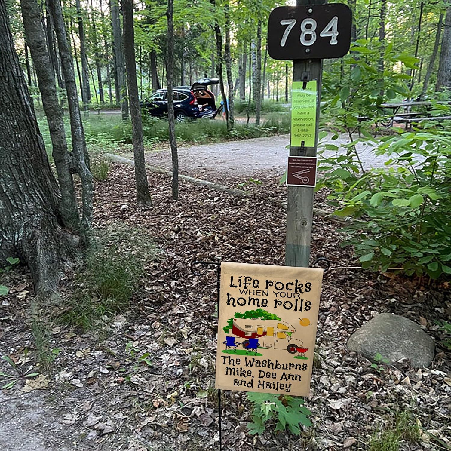 Life Rocks When Your Home Rolls Class C Motor Home Camp Flag Personalized with 3 Lines of Custom Text, Tan Fabric (Maroon)