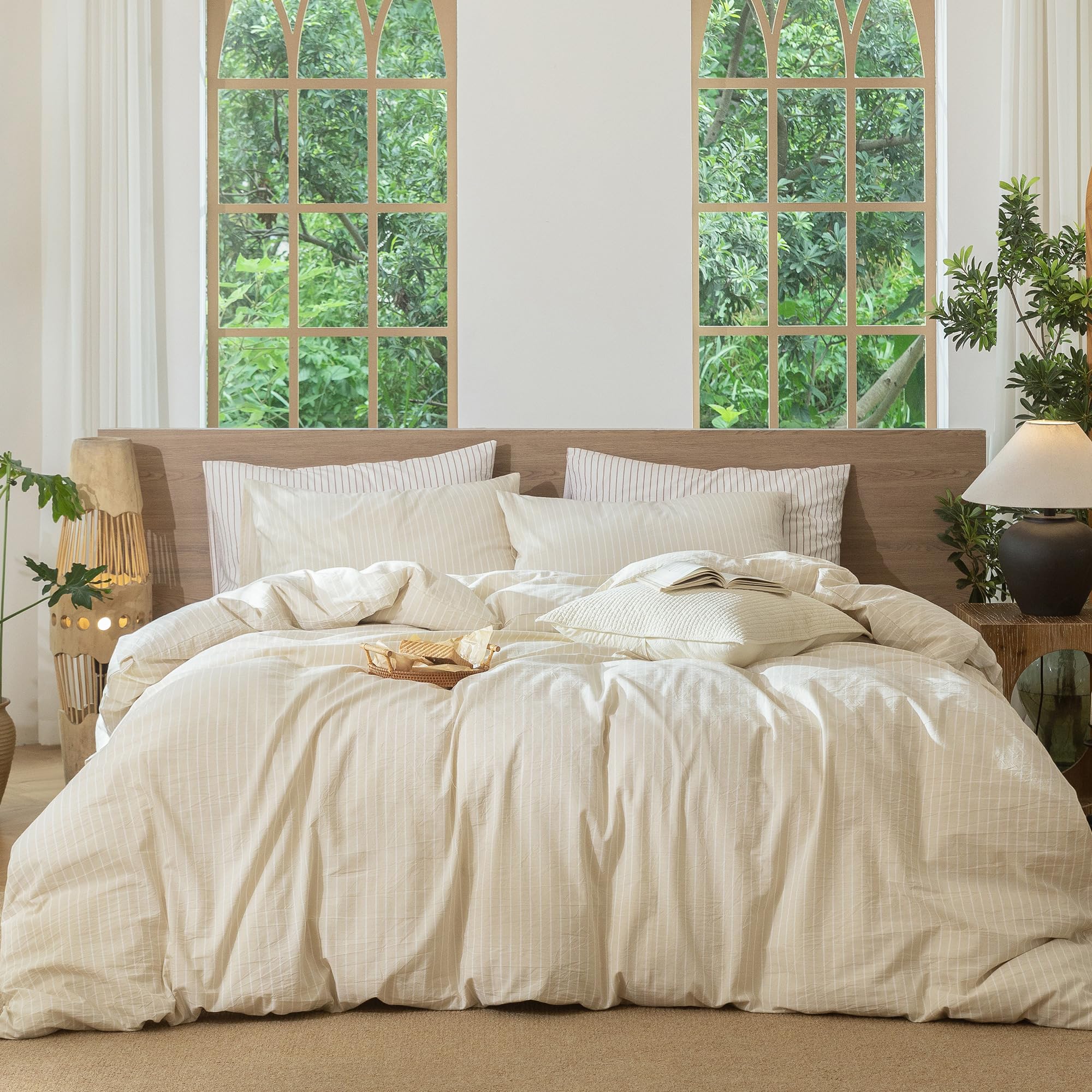 MooMee Striped Duvet Cover Set 100% Washed Cotton Linen Like