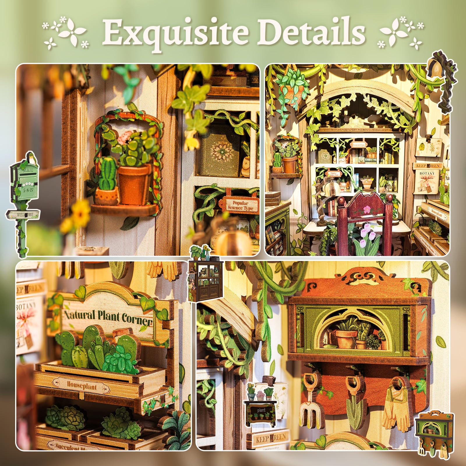 CUTEBEE Book Nook Kit, DIY Wooden Miniature House Garden, Miniature House DIY Bookshelf Decoration - Image 4