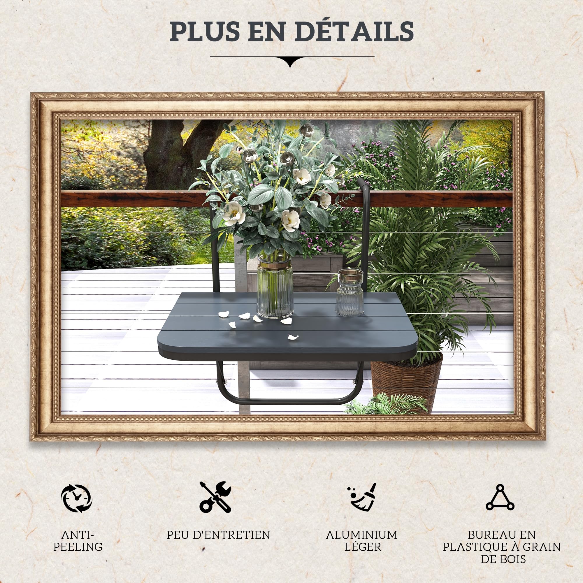 Outsunny Table de Balcon Suspendue Pliable 60L x 40l x 55-64H cm Noir | Plateau Rectangulaire, Hauteur Réglable, Cadre en Aluminium