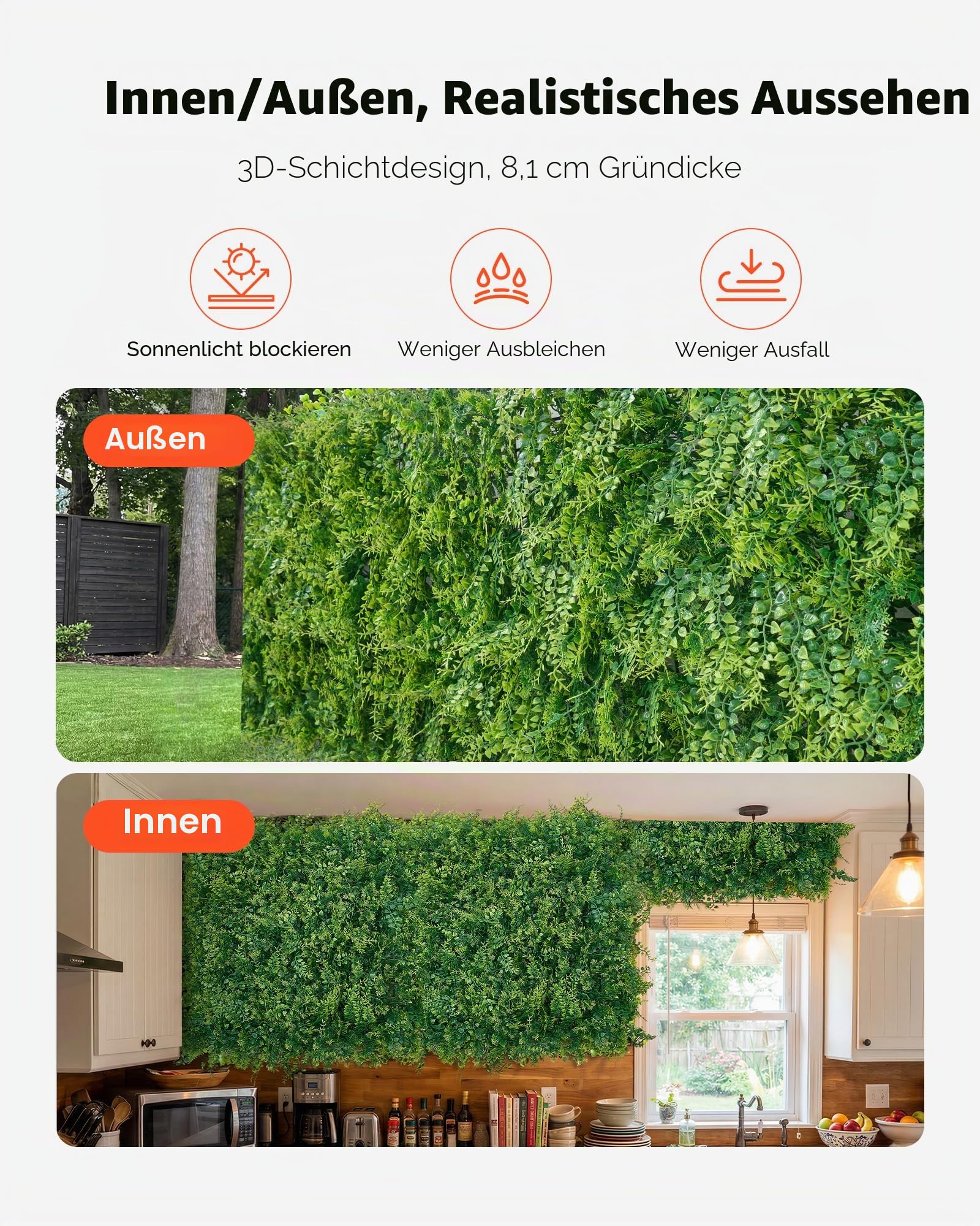 VEVOR Künstliche Hecke 50x50 cm 12-TLG. Set, Pflanzenwand, PE-Sichtschutz, Sichtschutzzaun, Windschutz, Heckenzaun, Kunstpflanzen Balkonverkleidung für Hochzeiten, Außengärten, Hinterhöfe
