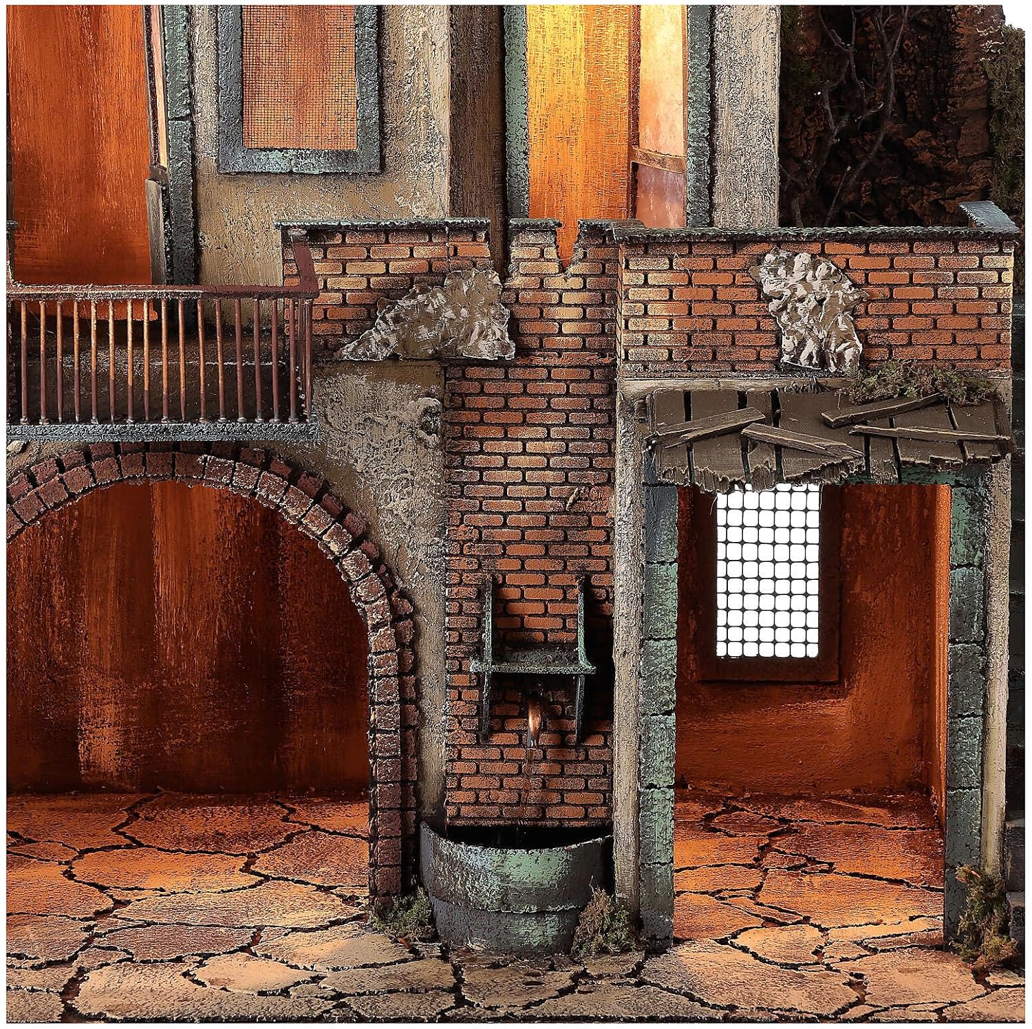 Holyart Farmhouse with Balcony and Electric Fountain 80x70x50 cm for Neapolitan Nativity Scene with 14 cm Figurines