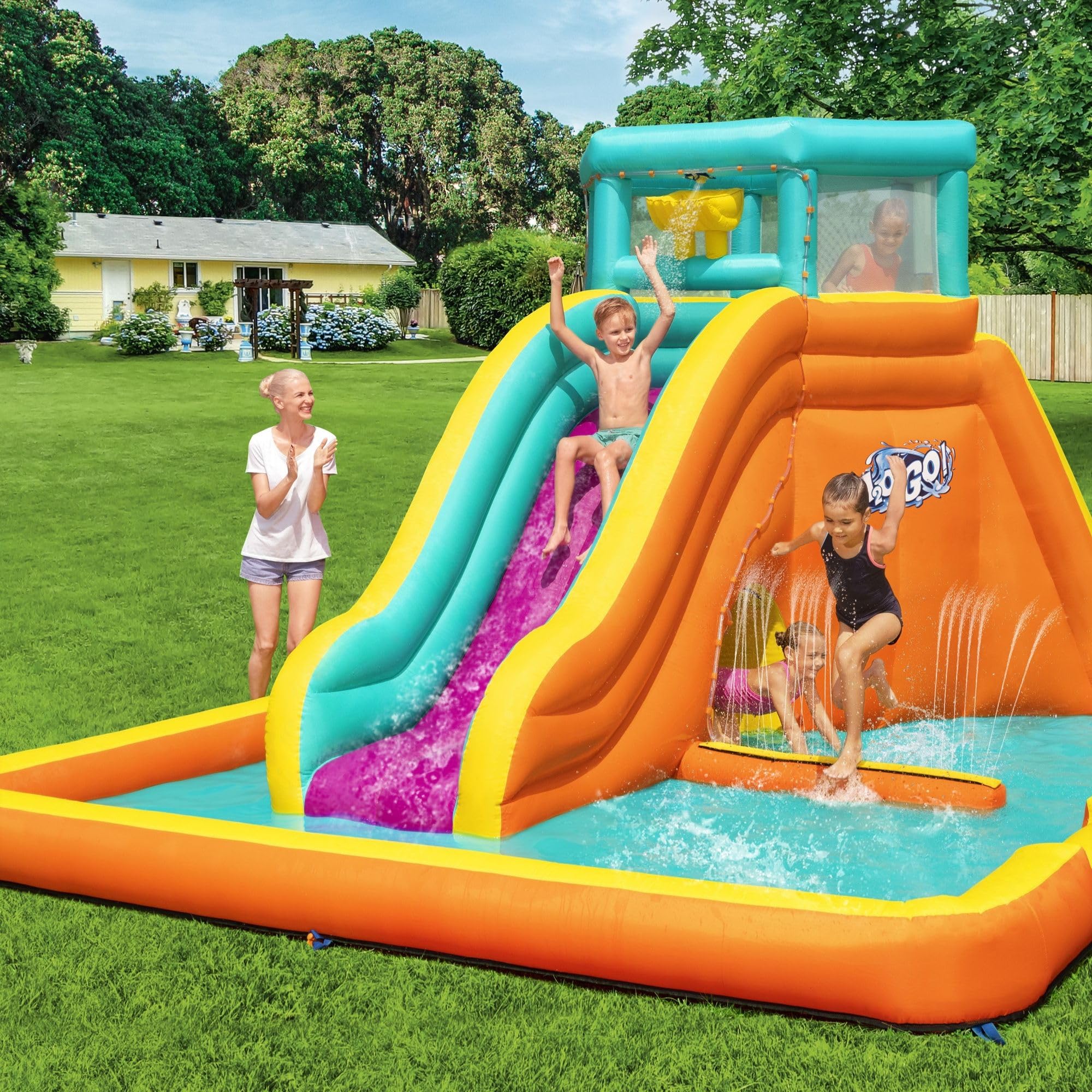 Bestway H2OGO! Parque acuático Inflable | Castillo Hinchable, tobogán acuático y Piscina para niños, con Pared de Escalada, Torre de Marea Mega Parque acuático, 5,65 m x 3,73 m x 2,65 m