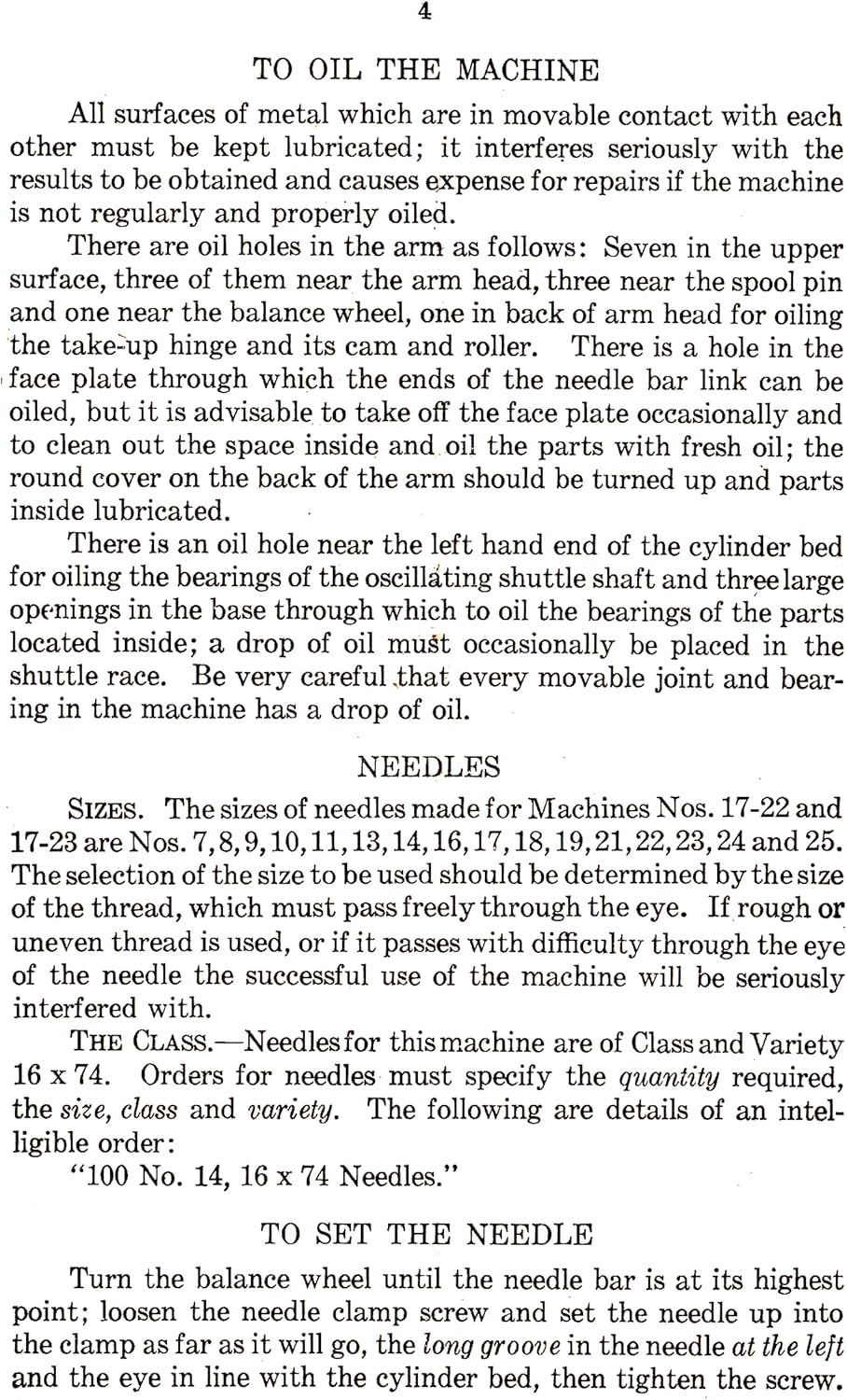 Page from the manual detailing oiling instructions and needle sizes.