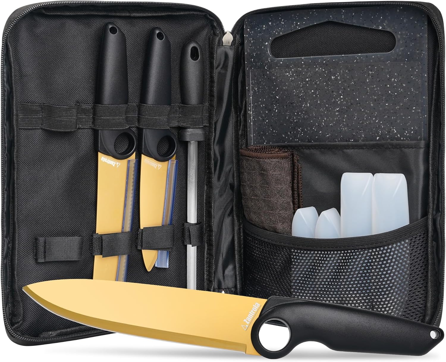 Outdoor Santoku Knife Set – 3 Titanium-Coated Knives with Grip Ring Handles, Sharpener, Cutting Board, Seasoning Bottles & Travel Case – Portable BBQ, RV & Beach Cooking Kit