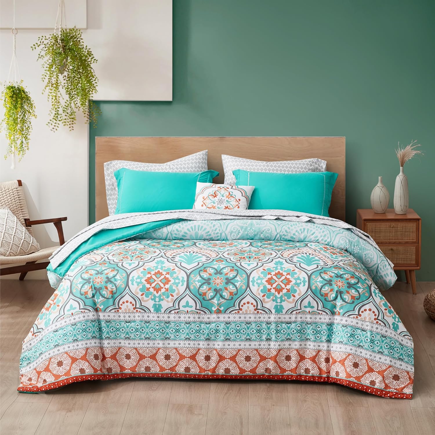 Degrees of Comfort Twin Bed in A Bag 6 Piece, Lattice Boho Bedding Sets for Teen Girls, Aqua Floral Bed Set, Microfiber Colorful Comforter Set with Sheets, Matching Decorative Pillow - Image 2