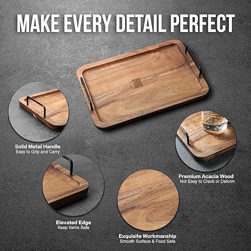 Miniatura 5 de James.F - Bandeja otomana para servir mesa de café, tablas de servir charcutería con asas, bandejas grandes de madera de acacia y platos