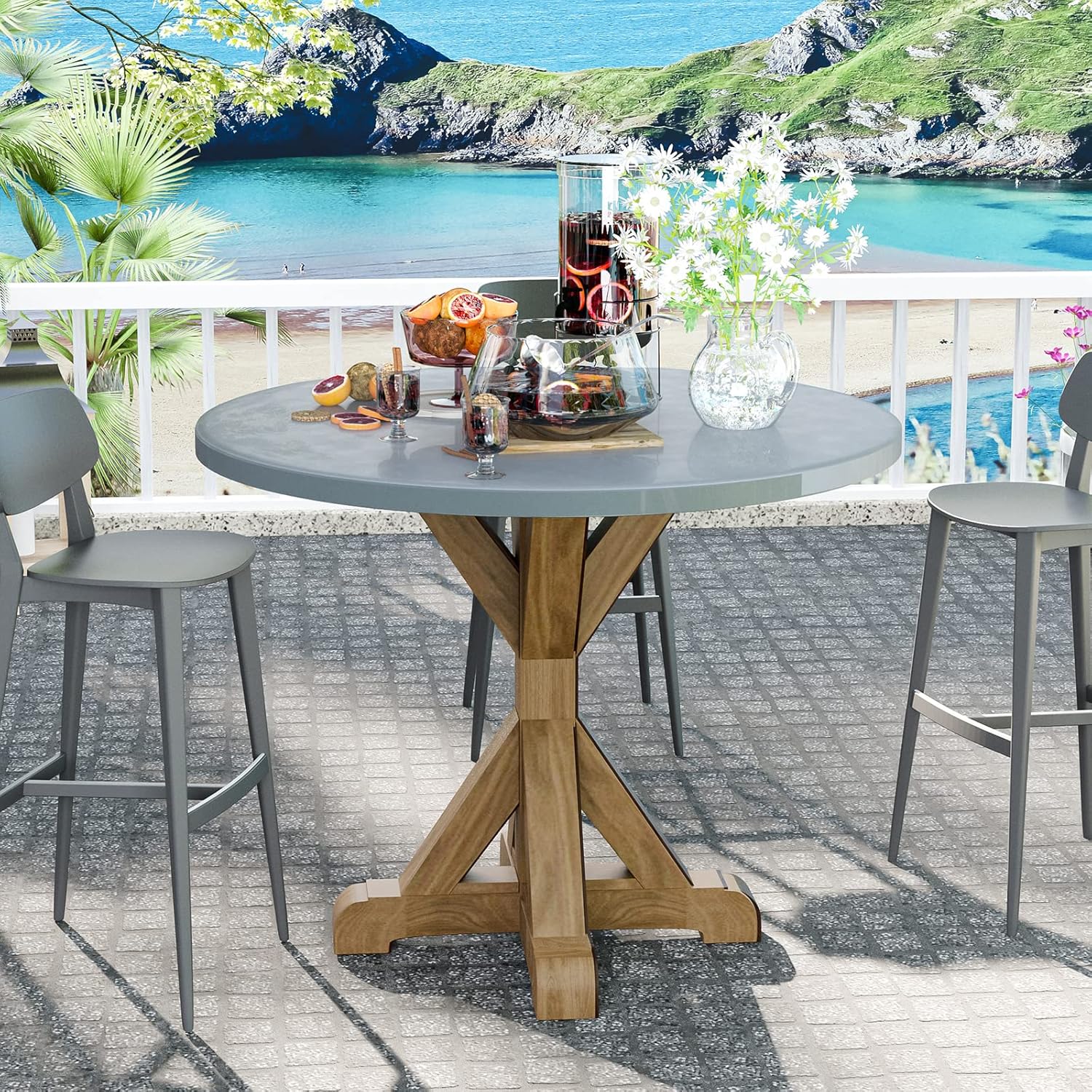 HOMPUS Outdoor Dining Table, Oversized Patio Round Coffee Table with MgO Top and