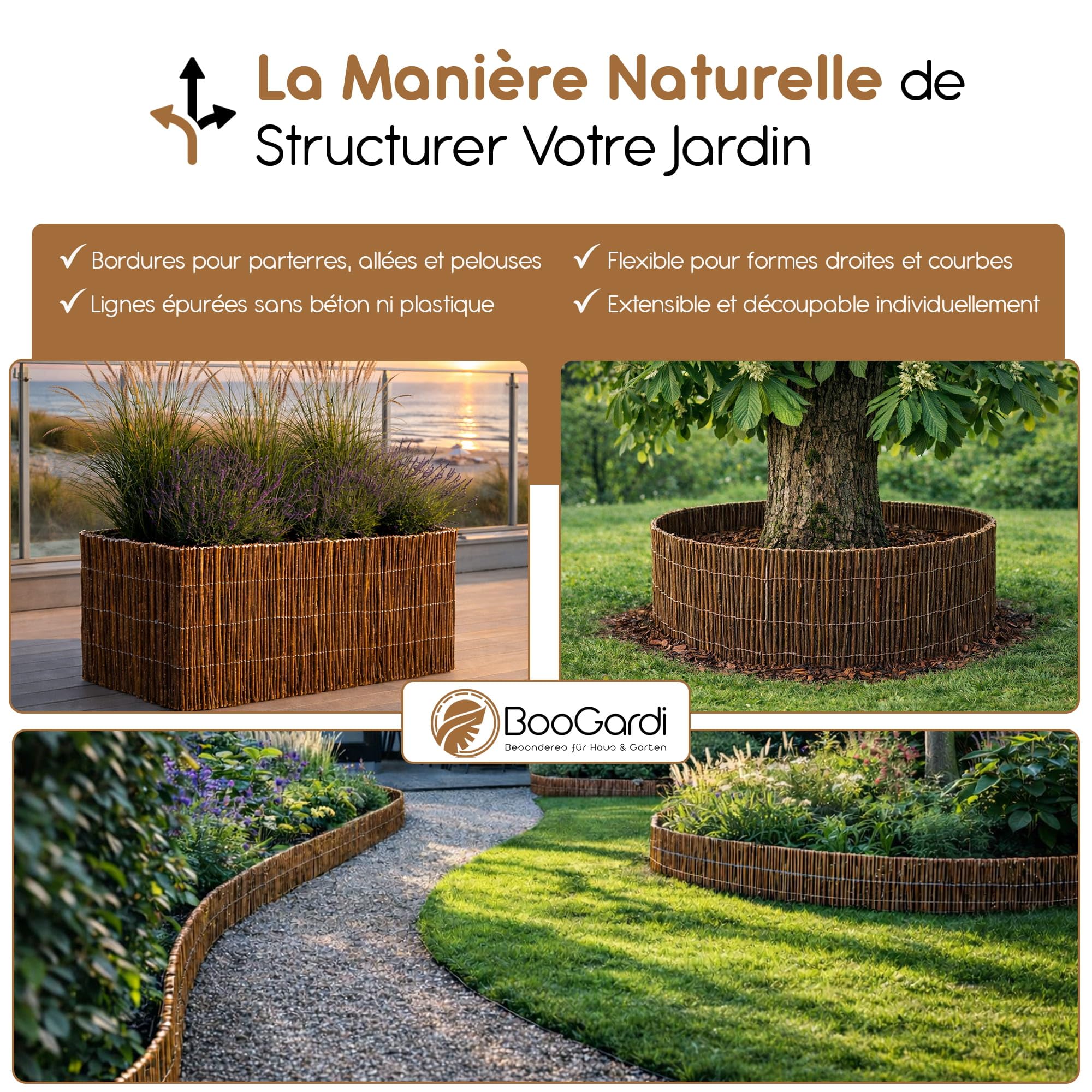BOOGARDI Bordure de Jardin en Bois 1x - Clôture Basse en Osier, Hauteur 30 cm x Longueur 3 m - Bordure pelouse Flexible, séparation pour Massif, Potager, Arbre, Style Naturel