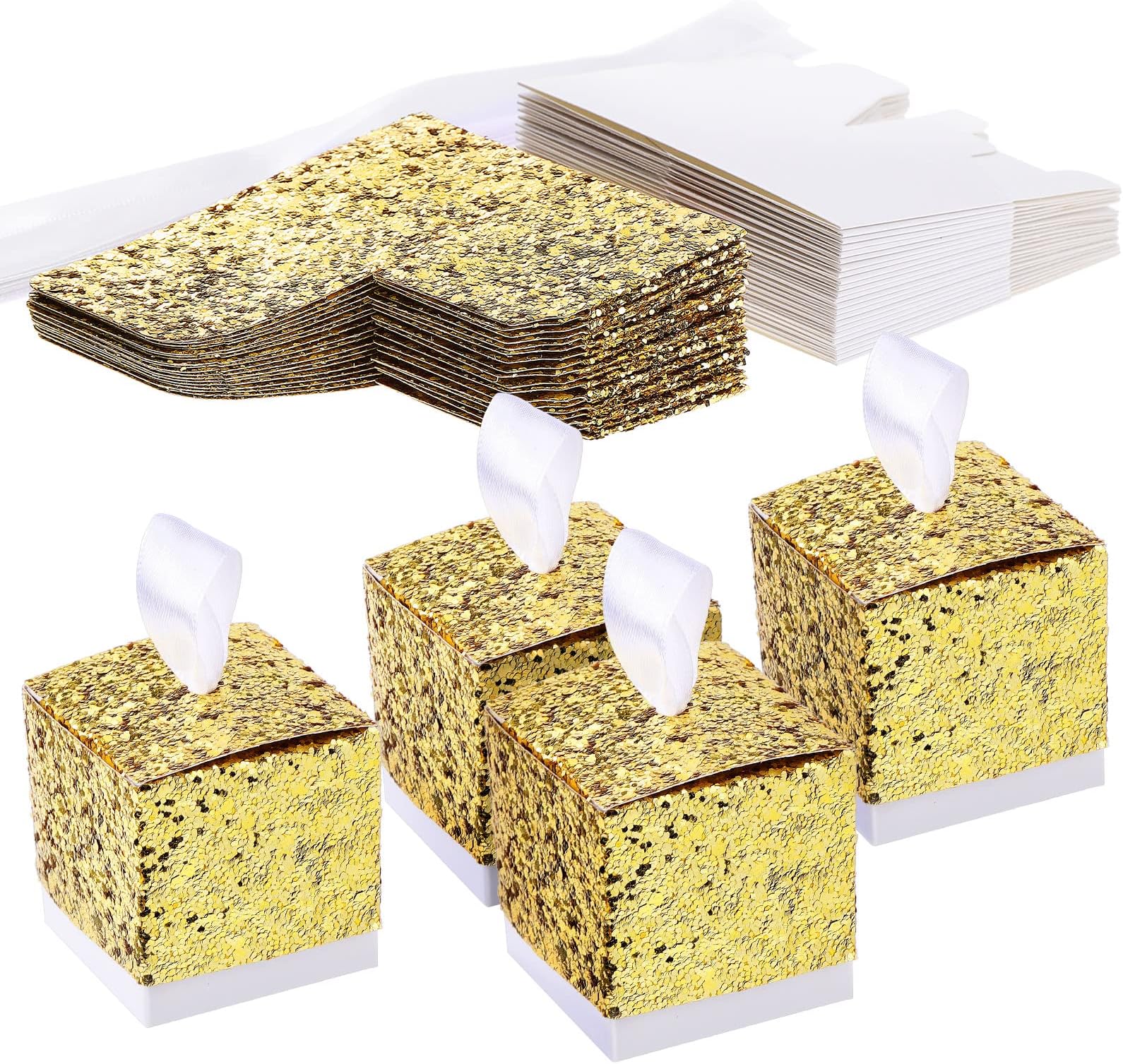 Sparkle Sequin Paper Candy Box, Sweet Wedding Favour Boxes, Glitter Party Gift Box, Creative Paper Treat Boxes, Gold, 25-Pack