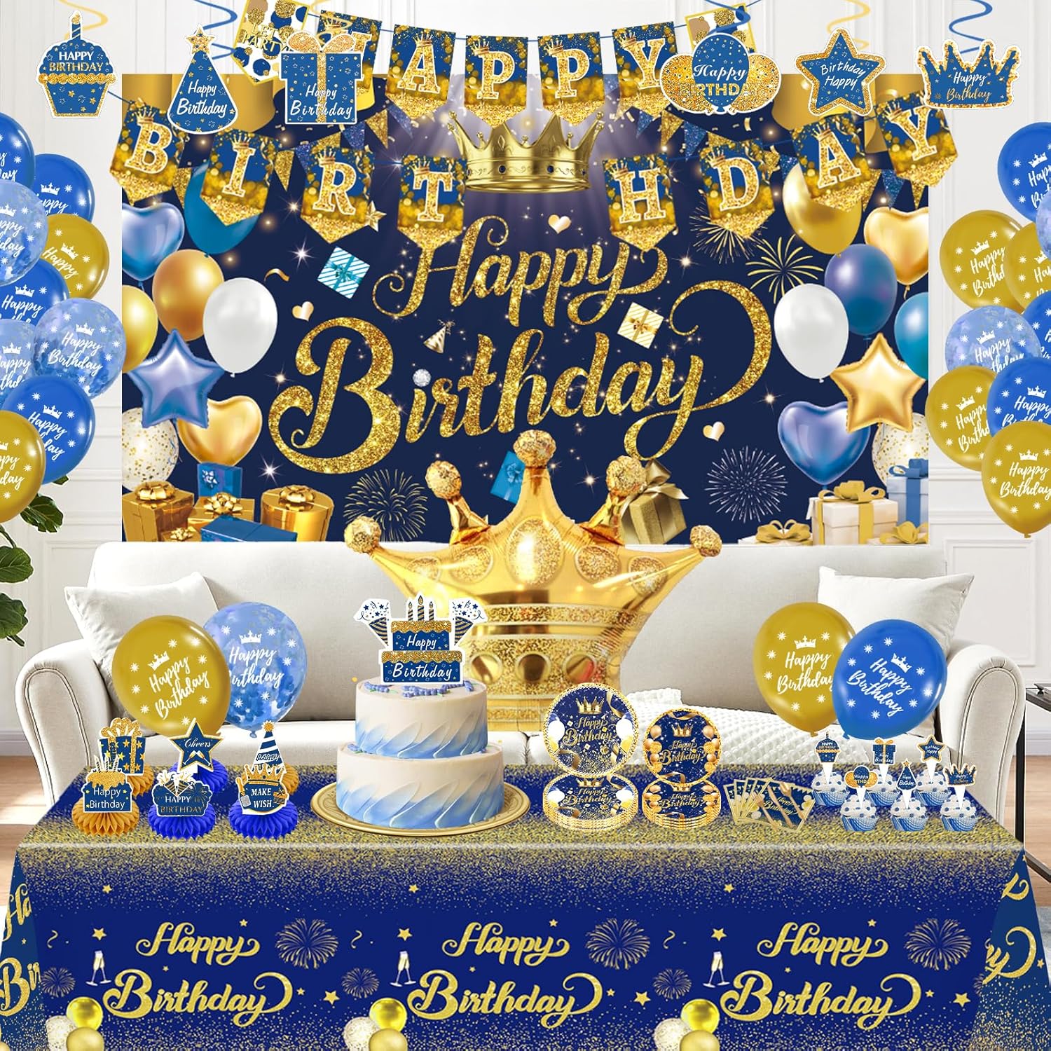 164PCS Blue Gold Birthday Party Decorations,Navy Blue Gold Birthday Party Decorations for Men Women,Navy Blue Tableware Set Birth-day Decoration,Happy Party Supplies for 15 Guests