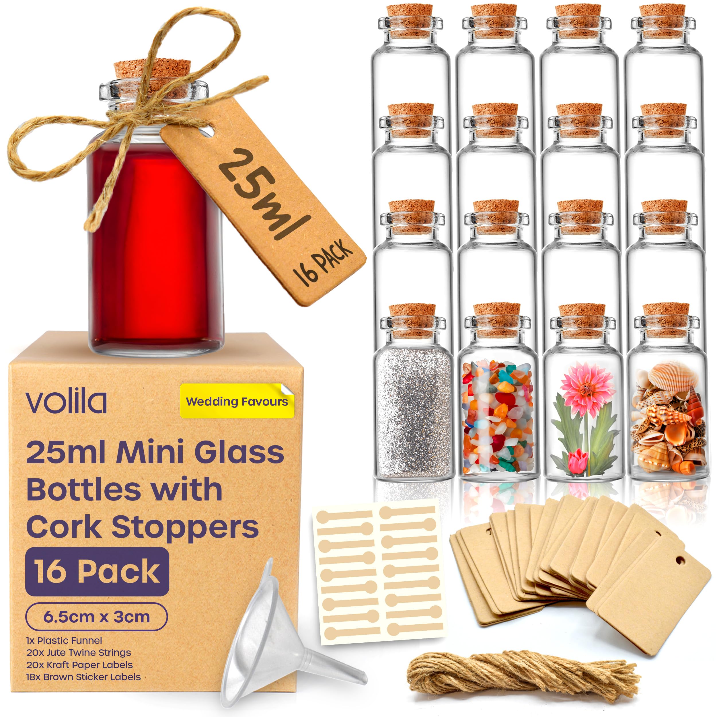 Volila Small Glass Bottles with Corks (25ML x 16 Pack) - Mini Containers with Stoppers for DIY Crafts, Wedding Favours, Potions - Includes Labels, String and Funnel