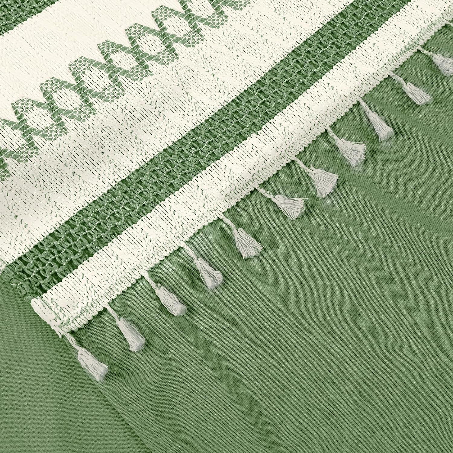 FRAMICS Farmhouse Linen Valance for Windows Boho Crochet Short Curtain with Tassel Olive Green Valance for Kitchen Light Filtering Rod Pocket Window Treatment for Bathroom, 1 Panel, 52" W x 18" L