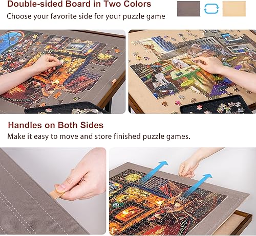 Miniatura 2 de LAVIEVERT Mesa de rompecabezas con cubierta y ajuste de ángulo y altura, tablero de rompecabezas desmontable de doble cara con línea auxiliar, mesa