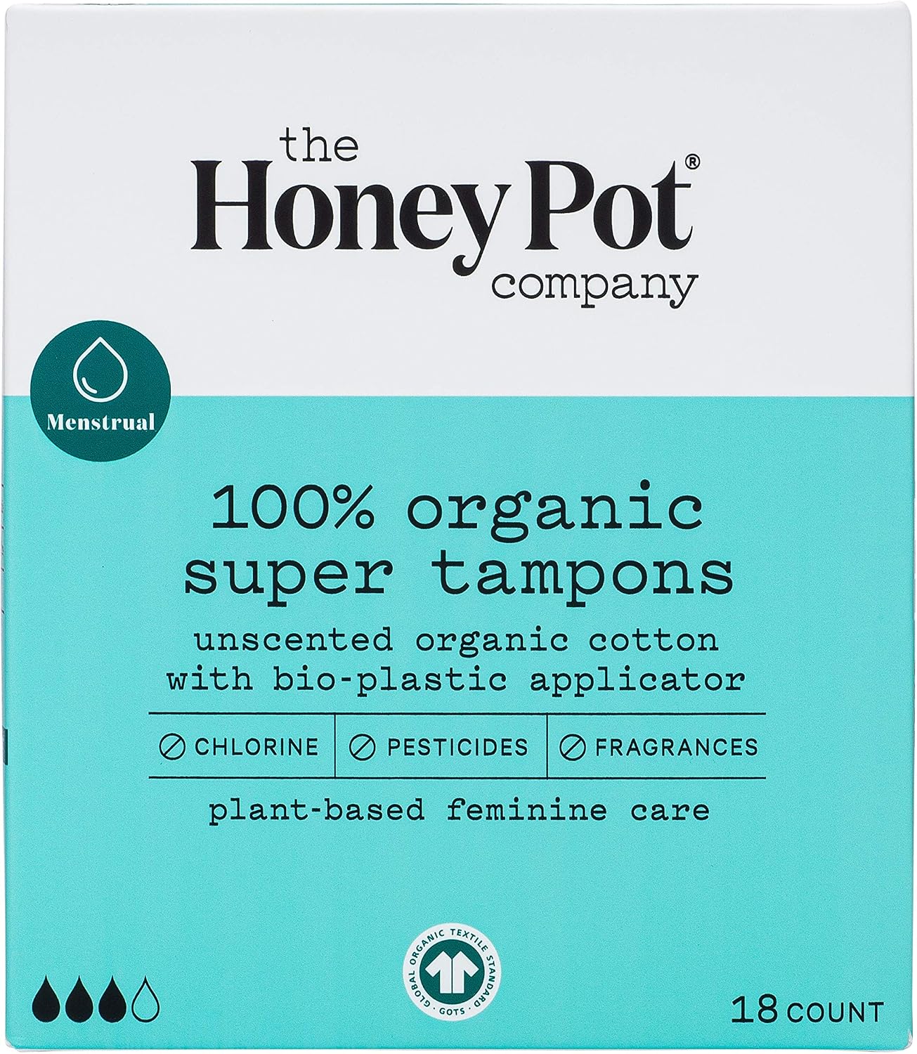 The Honey Pot Company - Natural, Plant-Based, Feminine Menstrual Products - Chlorine Free Organic Cotton - Hypoallergenic - Bio Plastic Applicator - Super Absorbency Unscented Tampons - 18 Count