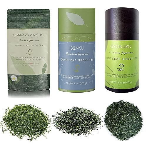 Gyokuro, Issaku y Gokuzyo Aracha Surtido de té verde japonés Co - Juego de té japonés de origen único totalmente natural - Sin OMG, sin azúcar -