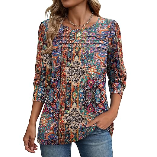 Zeagoo Long Sleeve Shirts for Women Casual Fall Fashion Crewneck Pleated Tunic Tops Work Outfit Blouse