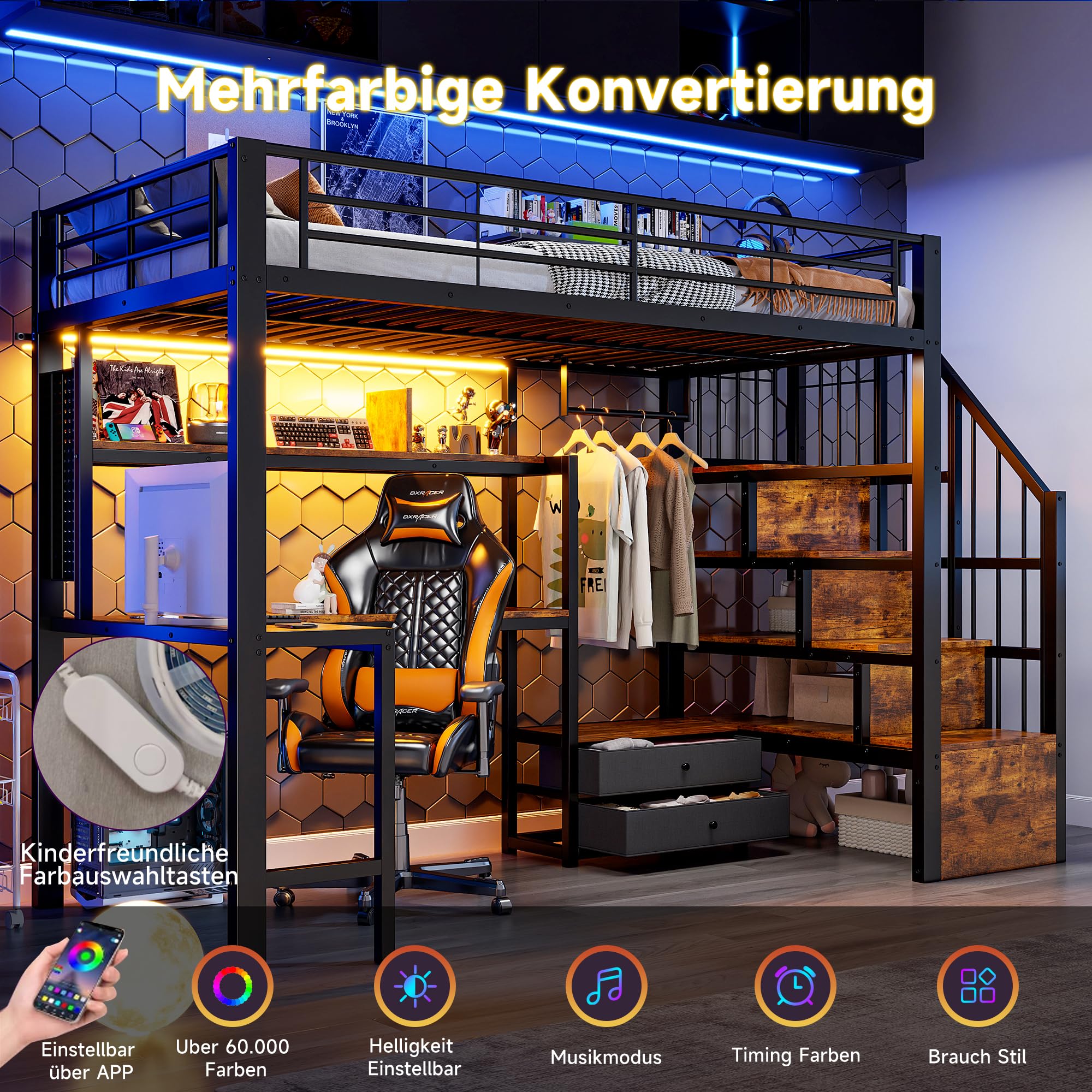 Merax Hochbett 90x200 cm mit Schreibtisch, Treppe mit Regal und Rausfallschutz, Funktionsbett Kinderhochbett mit LED, 2 Schubladen, integrierter Kleiderstange, Metallbett (ohne Matratze), Schwarz