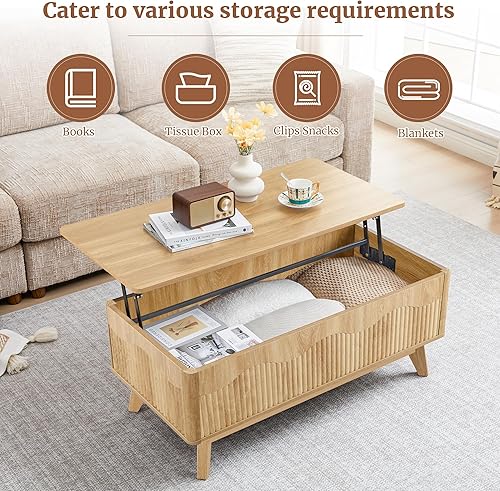Miniatura 7 de BERRYMERRY Mesa de centro elevable con almacenamiento oculto, mesa de centro acanalada de granja con perfil ondulado, mesa central rectangular Roble