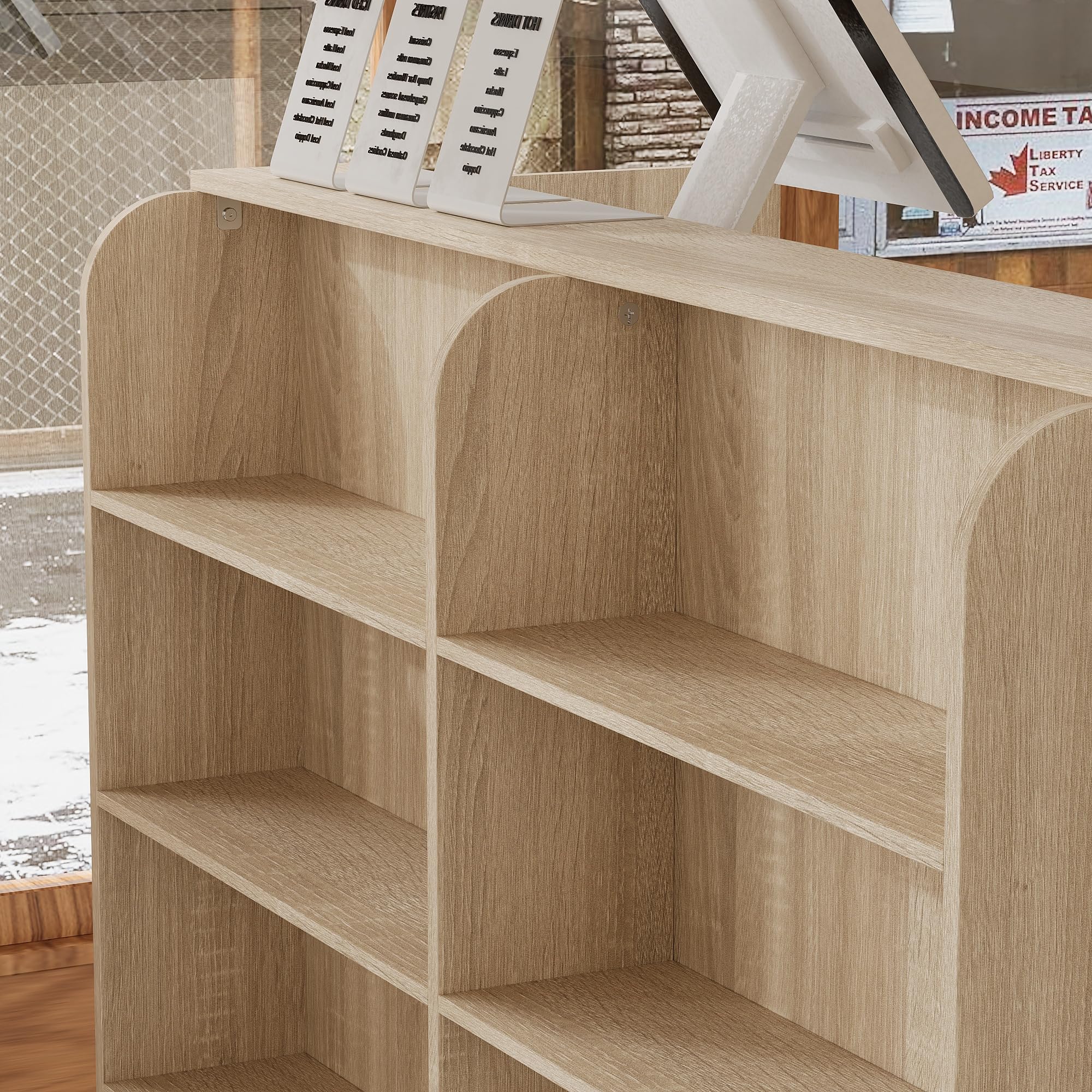 Mesa de recepción en forma de L con espacio de almacenamiento – Moderno mostrador de recepción con 3 cajones y armario, mesa de mostrador de madera para oficina, hotel, salón, práctica y