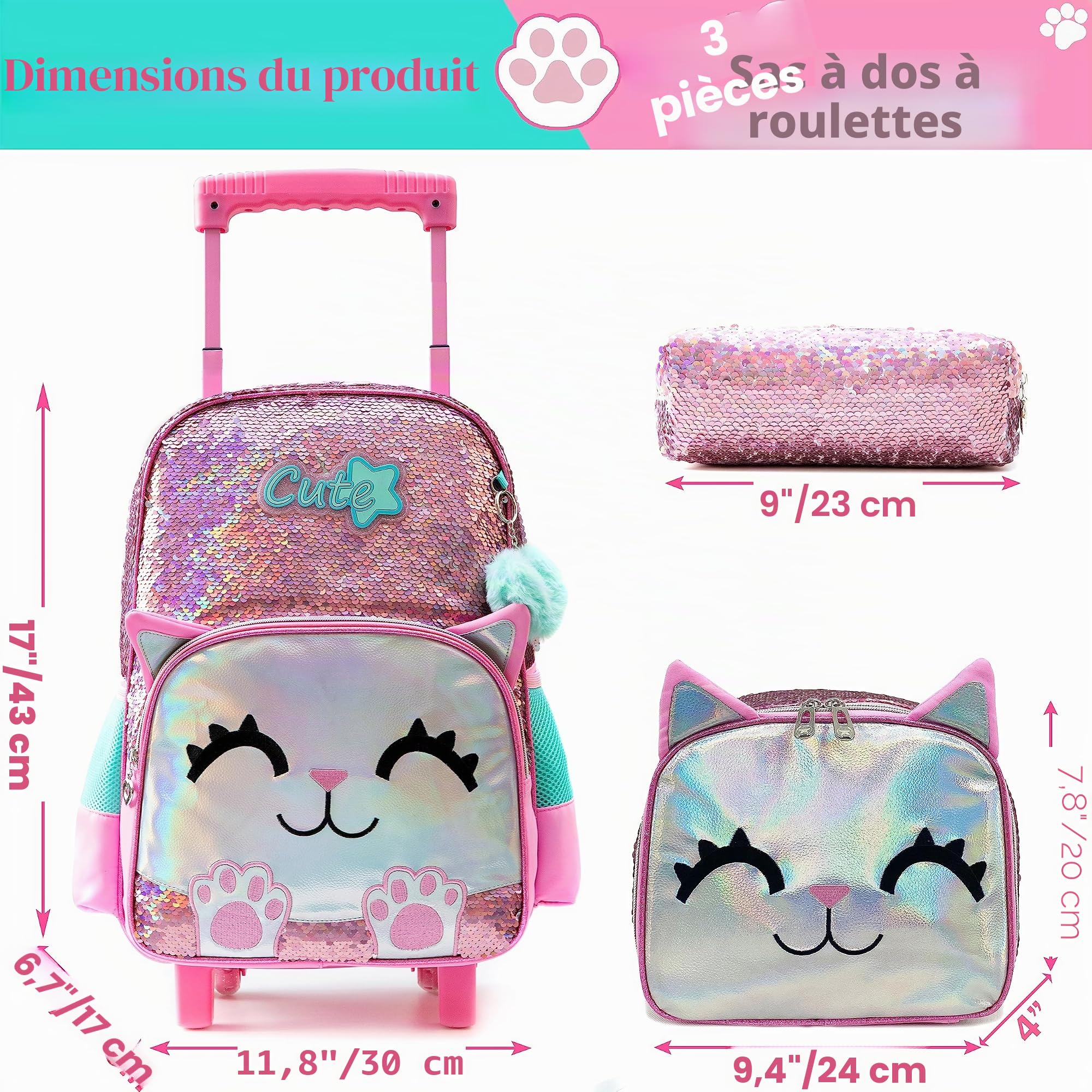 Meetbelify Sac à dos roulant pour les filles mignon sac à dos d’école de chat rose avec des roues enfants paillettes bagage à rouleaux pour les élèves de maternelle élémentaire