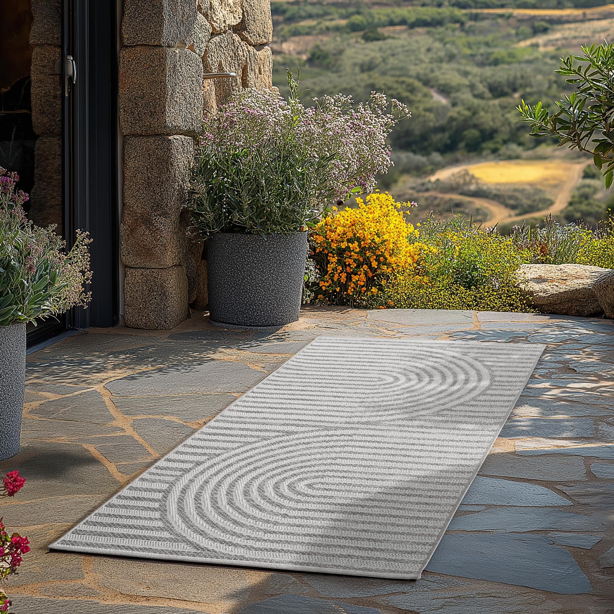 Teppium Outdoor Teppich Beige, Wetterfest & UV-beständig, ideal für Küche, Balkon, Terrasse auch Wohnzimmer und Esszimmer, Skandinavisches Boho-Design