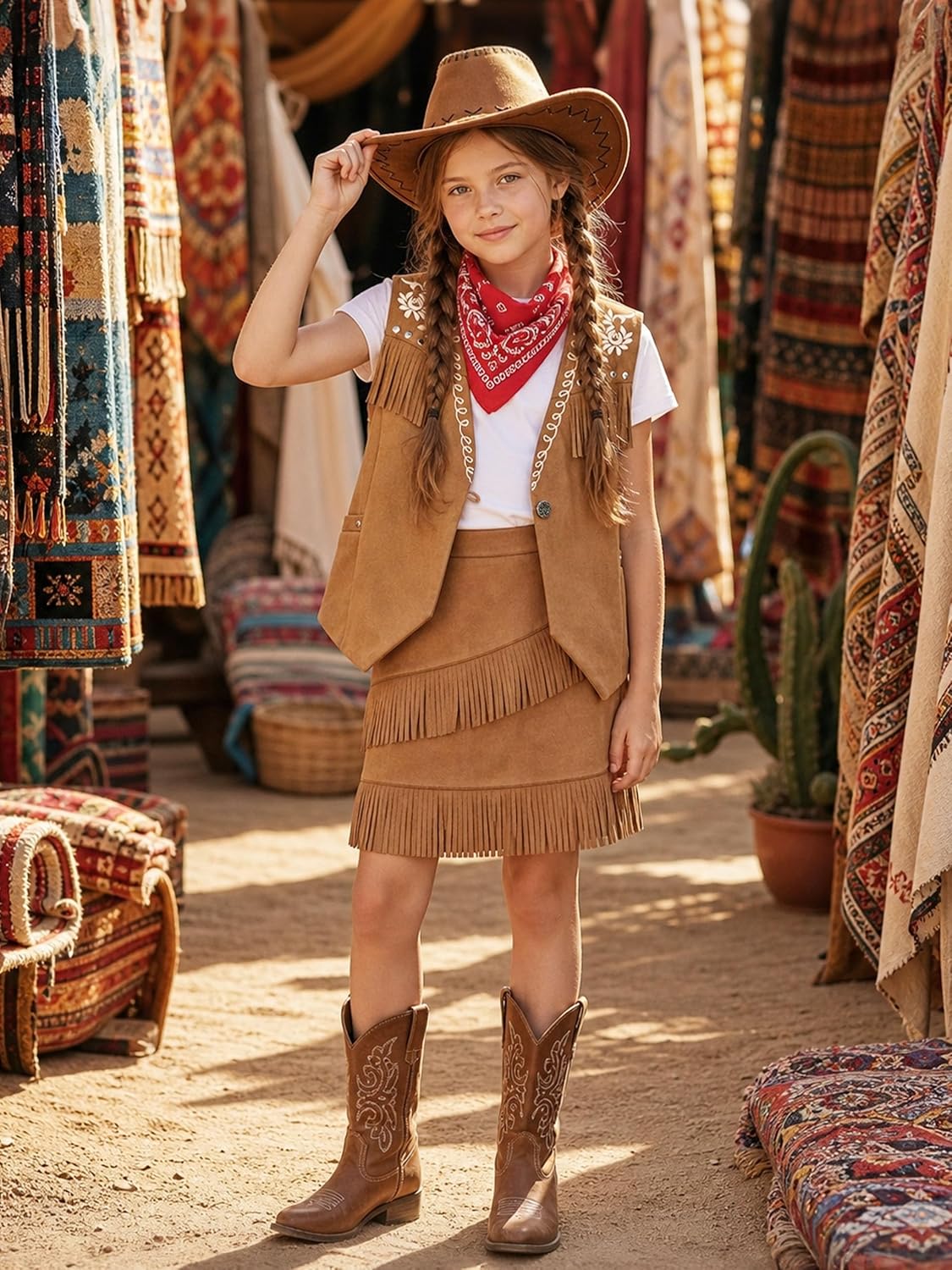 LOLANTA Cowgirl Outfits for Girls, Boho Western Fringe Vest Skirt 2Pcs Set