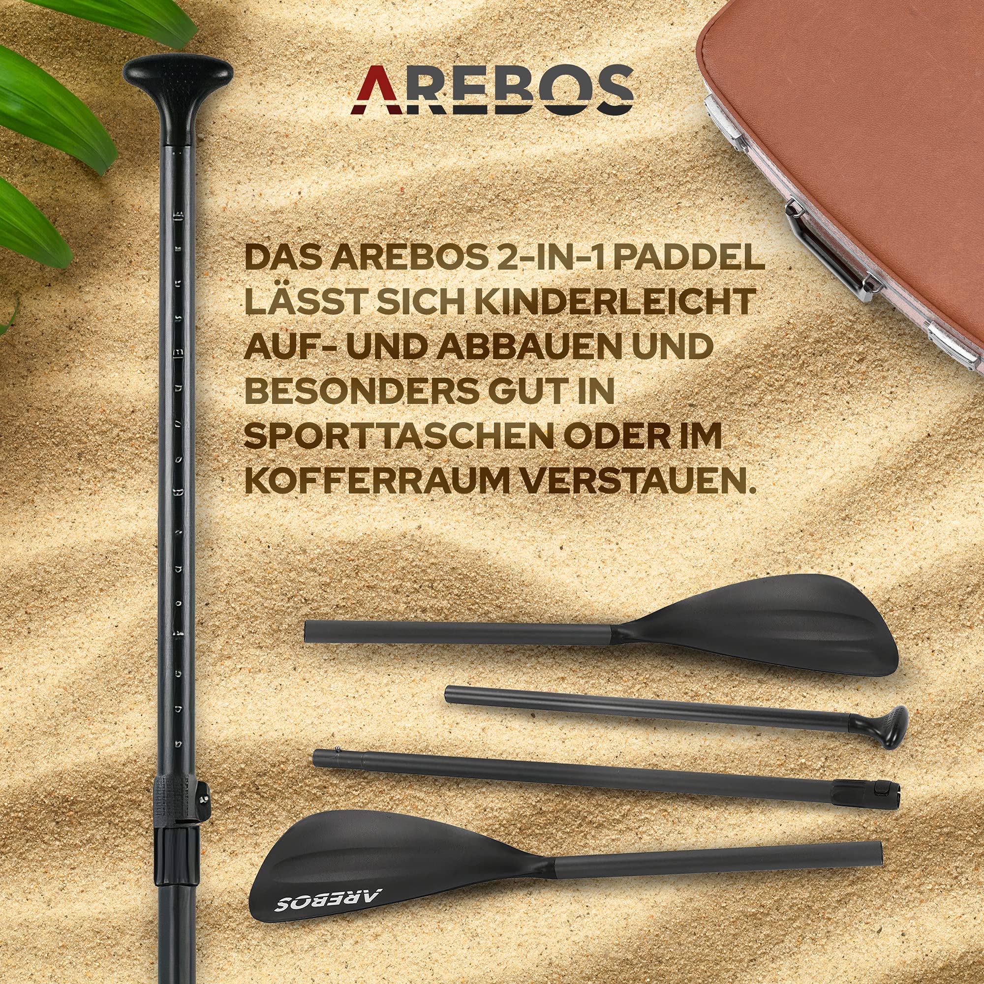 Arebos 2-in-1 Doppelpaddel & Einzelpaddel | SUP Hilfspaddel | Kanu Stechpaddel | Kajak | Ausziehbar 156-215cm Aluminium