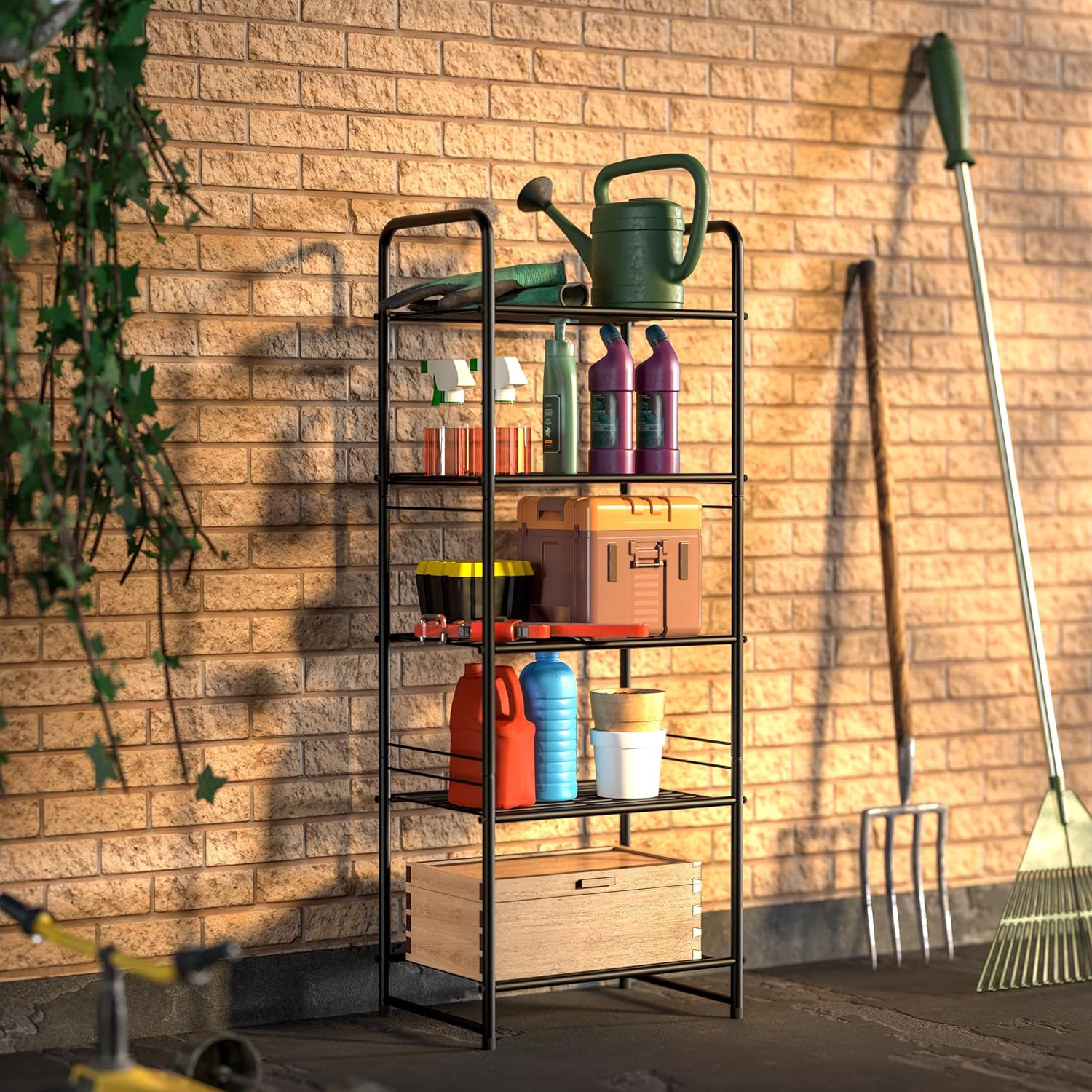 5 Tier Shelf, Heavy Duty Metal Bathroom Shelf Plant Stand, Stackable, Black