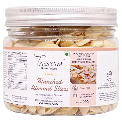 Tassyam Blanched Almond Slices, 200g Premium Jar